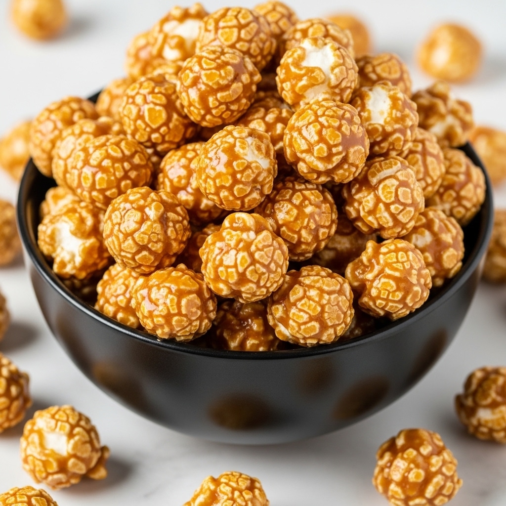 A close-up view of a black bowl filled to the top with golden caramel popcorn, showing each piece covered in a shiny, sticky caramel coating that gives a rich brown and amber color, with some white popcorn peeking through underneath the caramel layer. The bowl sits on a white marbled surface with a few caramel popcorn pieces scattered around it, creating a sense of abundance and texture. Photo taken with an iphone --ar 4:5 --v 7