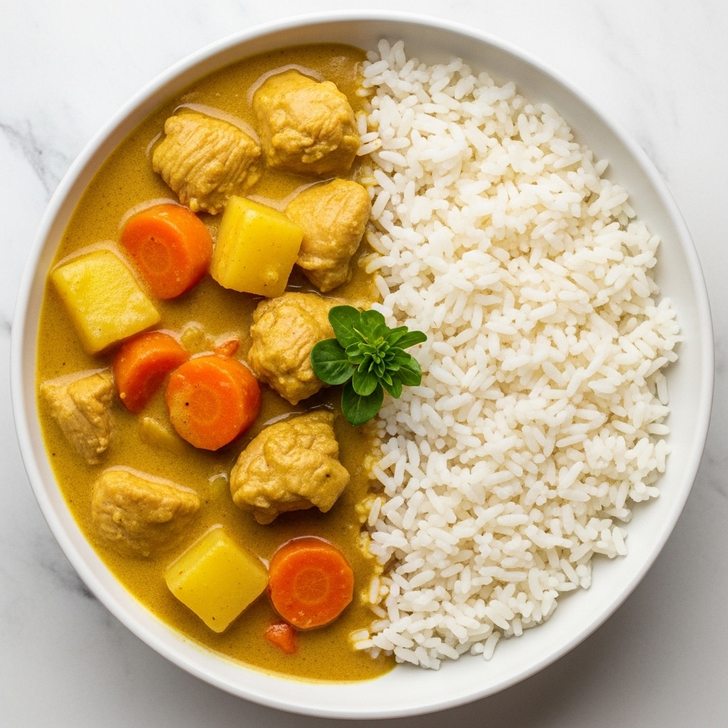 The image shows a bowl of creamy chicken curry with white rice. The bowl is filled half with fluffy white rice on the right side, clearly separated from the thick yellow curry on the left. The curry has chunks of tender chicken, large pieces of orange carrot, and blocks of pale yellow potato, all covered in a smooth, rich sauce. A small green herb garnish sits on top in the center. The bowl is white and placed on a white marbled surface. Photo taken with an iphone --ar 4:5 --v 7