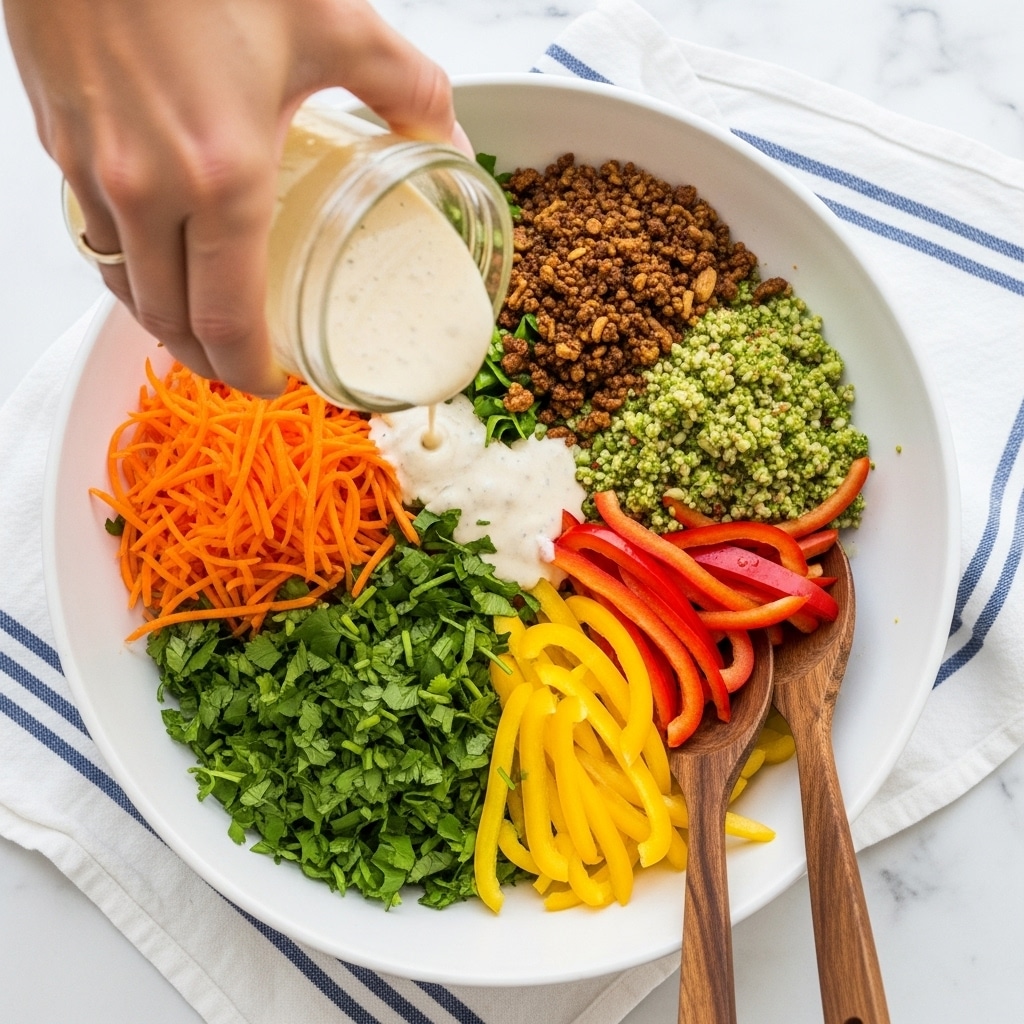 A large white bowl filled with colorful salad ingredients divided into sections. One section has bright orange shredded carrots, another has chopped green herbs like cilantro, another has thin red and yellow bell pepper strips, and another part has a green grain or chopped broccoli mix. There is also a section with brown crunchy bits on top. A woman's hand is pouring a light creamy dressing over the salad from a glass jar. Two wooden spoons rest inside the bowl. The bowl sits on a white cloth with blue stripes, on a white marbled surface. photo taken with an iphone --ar 4:5 --v 7