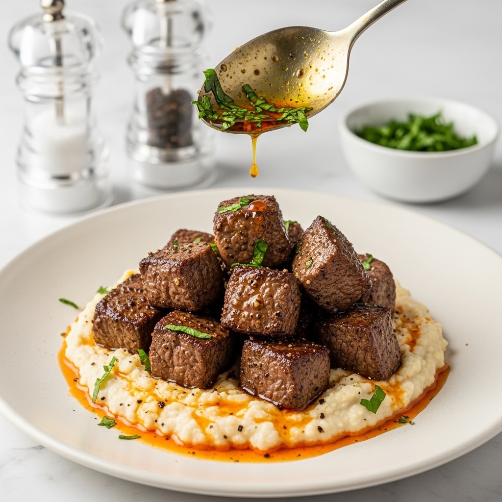 The dish shows a pile of brown, well-seasoned meat chunks sitting on a creamy, white mash base with a slightly rough texture and drizzled with orange oil and bits of black pepper. The meat pieces are garnished with green herbs scattered on top. Above the dish, a spoon with orange oily sauce and some green herbs is held over the meat. In the background, there are two clear glass salt and pepper shakers and a blurred small white bowl filled with chopped green herbs on a white marbled surface. photo taken with an iphone --ar 4:5 --v 7