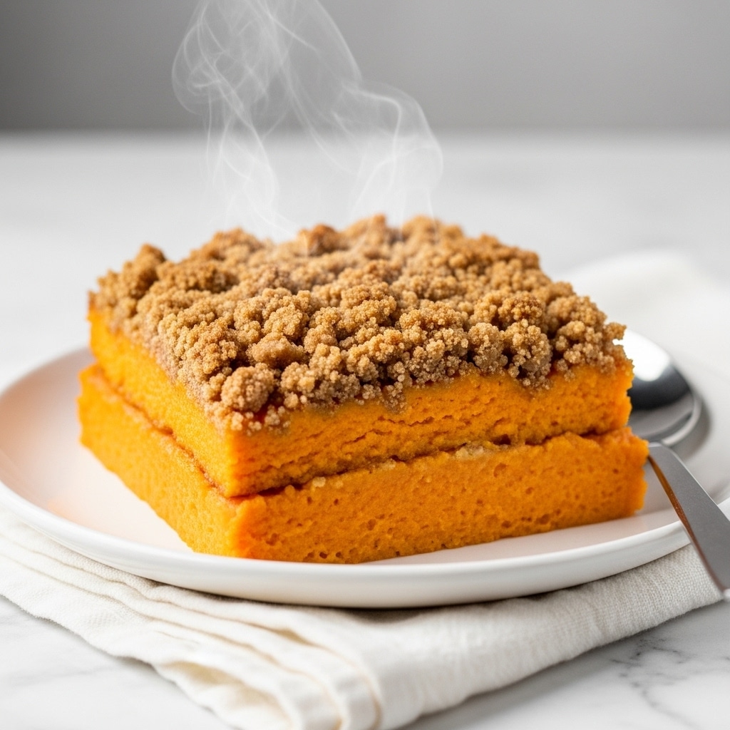 The image shows a square-shaped sweet potato casserole with two visible layers on a white plate. The bottom layer is thick, smooth, and bright orange, with a soft and creamy texture. The top layer consists of a crumbly brown streusel topping, slightly uneven and coarse in texture. Steam rises gently from the casserole, showing it is warm and freshly baked. The plate sits on a white marbled surface with a white cloth partially visible underneath, and a metal spoon rests at the edge of the plate. photo taken with an iphone --ar 4:5 --v 7