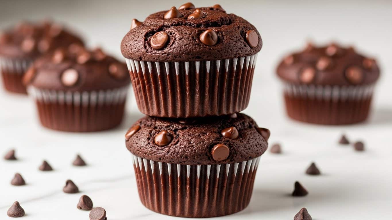 A stack of three chocolate muffins sits on a white marbled surface, each muffin in a dark brown cupcake liner with vertical ridges. The muffins are rich dark brown in color, with a slightly cracked texture on top dotted with small melted chocolate chips. The muffins have a soft, slightly uneven surface, with chocolate chips also scattered loosely around the base. The background is softly blurred with a neutral light tone, emphasizing the muffins in sharp focus. Photo taken with an iphone --ar 4:5 --v 7