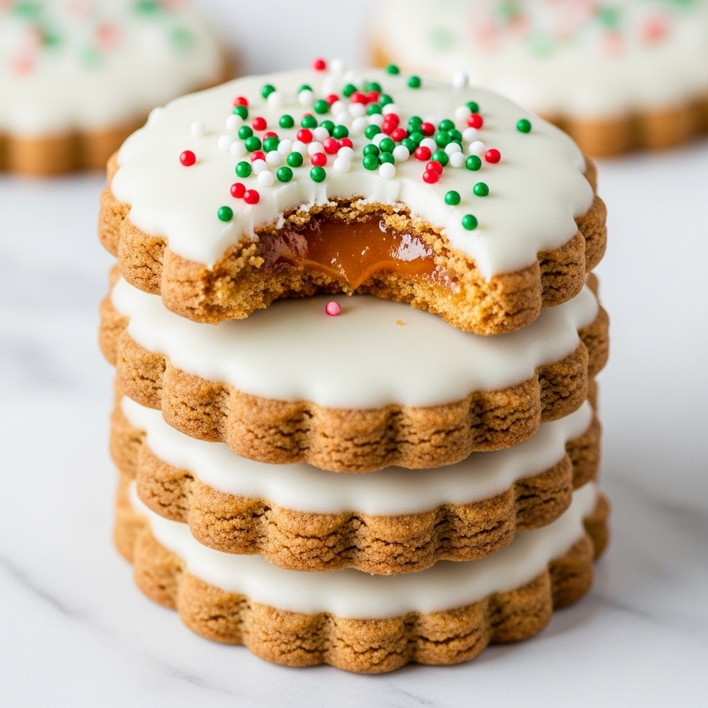 A stack of four round cookies with a golden brown color and scalloped edges is shown on a white marbled surface. Each cookie is topped with a smooth white icing layer that covers the entire top surface. The topmost cookie has colorful small round sprinkles in red, green, and white scattered over the icing. The top cookie has a bite taken out of it, revealing a thick layer of glossy orange filling inside that contrasts with the cookie's crumbly texture. The overall image is close-up, making the textures of the icing, filling, and cookie very clear. photo taken with an iphone --ar 4:5 --v 7
