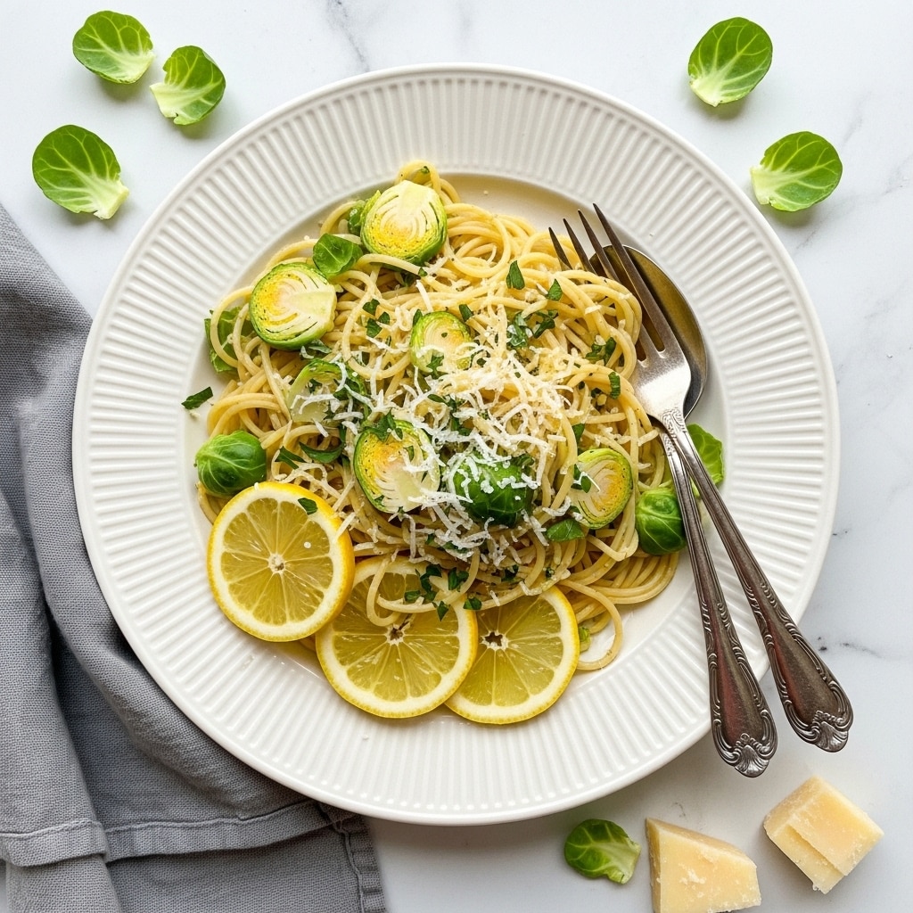 A white ribbed plate holds a mound of spaghetti pasta mixed with small, bright green Brussels sprout halves and slices. Thin lemon slices with pale yellow flesh and white rind are tucked into the pasta. The dish is sprinkled with finely chopped green herbs and grated white cheese, adding a light texture on top. Two ornate silver forks rest on the right side of the plate. The plate sits on a white marbled surface with a light gray cloth draped to the side, and pieces of grated cheese visible in the lower right corner. Photo taken with an iphone --ar 4:5 --v 7