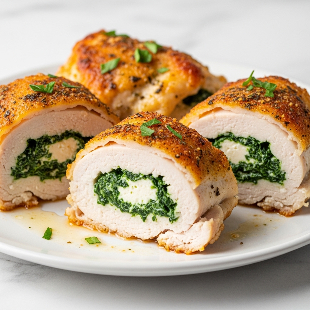 The image shows three pieces of stuffed chicken breast on a white plate, each cut to reveal layers inside. The outer layer is golden-brown and crispy with visible seasoning and chopped green herbs on top. Inside, there is a thick white chicken layer surrounding a creamy filling made of bright green spinach mixed with white cheese, slightly browned on top. The plate sits on a white marbled surface, and some juices from the chicken are pooling slightly around the pieces. Photo taken with an iphone --ar 4:5 --v 7