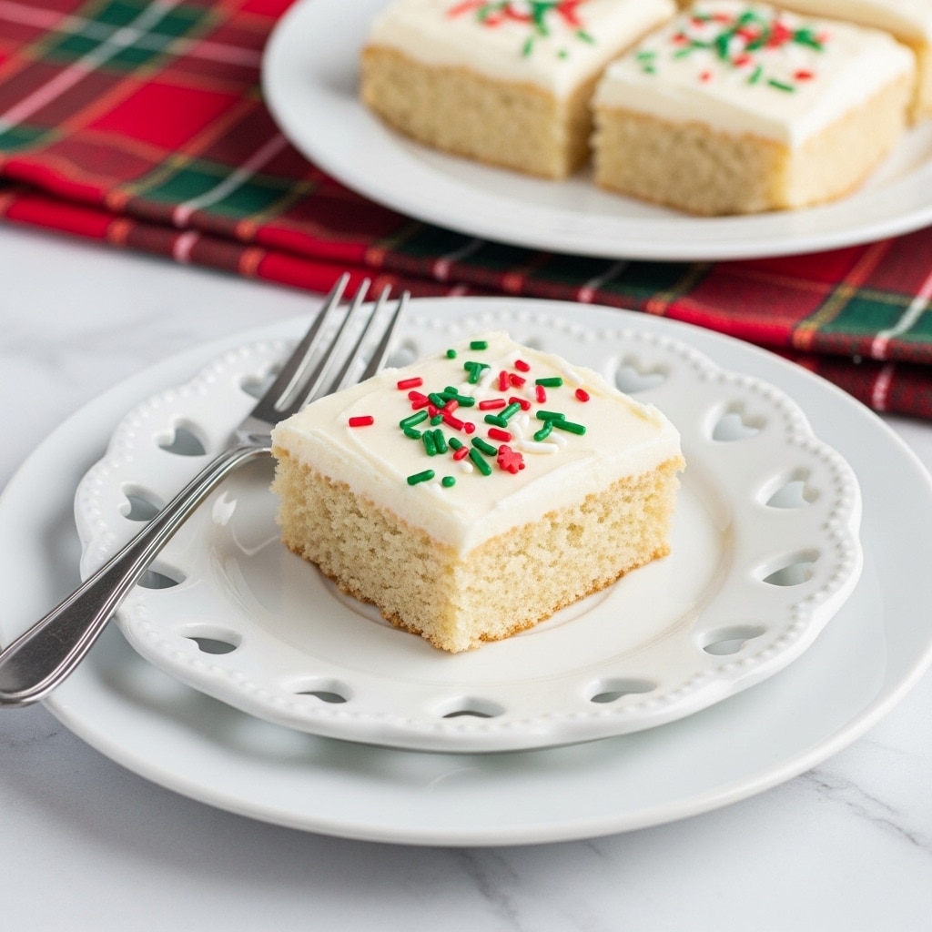 A rectangular cake with three layers is shown in a black baking pan lined with aluminum foil. The bottom layer is rich chocolate in dark brown, covered fully by a thick middle layer of creamy white frosting with a smooth but lightly swirled texture. The top layer is decorated with red, green, and white long and small round sprinkles scattered evenly all over the white frosting. The pan is set on a white marbled surface with some loose sprinkles around it. In the blurred background, there are white plates stacked and a white cup with red decoration. Photo taken with an iphone --ar 4:5 --v 7