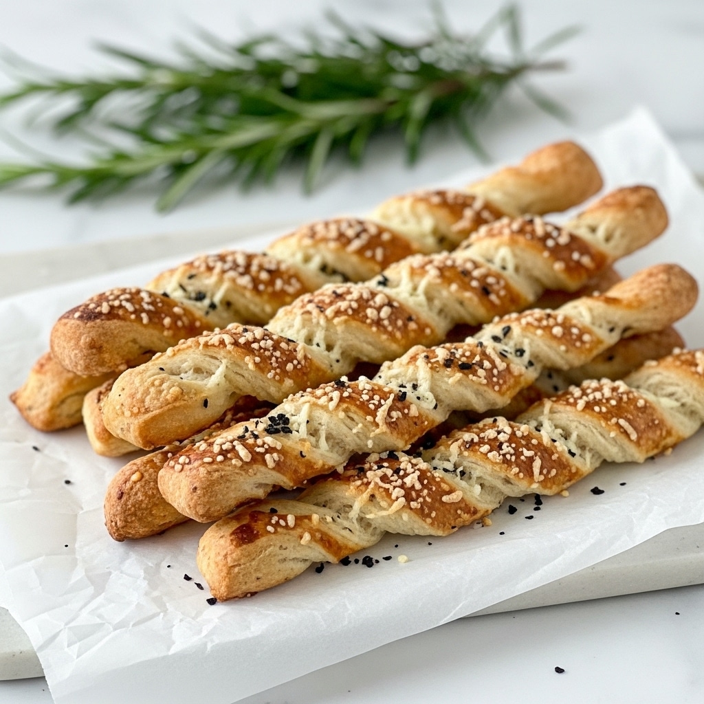 Thin, twisted breadsticks are stacked casually on white parchment paper placed on a white marbled surface. Each breadstick has a golden-brown baked texture with a rough twist pattern and is sprinkled with coarse white cheese and small black herb flakes, giving them a savory look. A green rosemary sprig lies blurred in the background, adding a fresh, natural touch to the scene. photo taken with an iphone --ar 4:5 --v 7