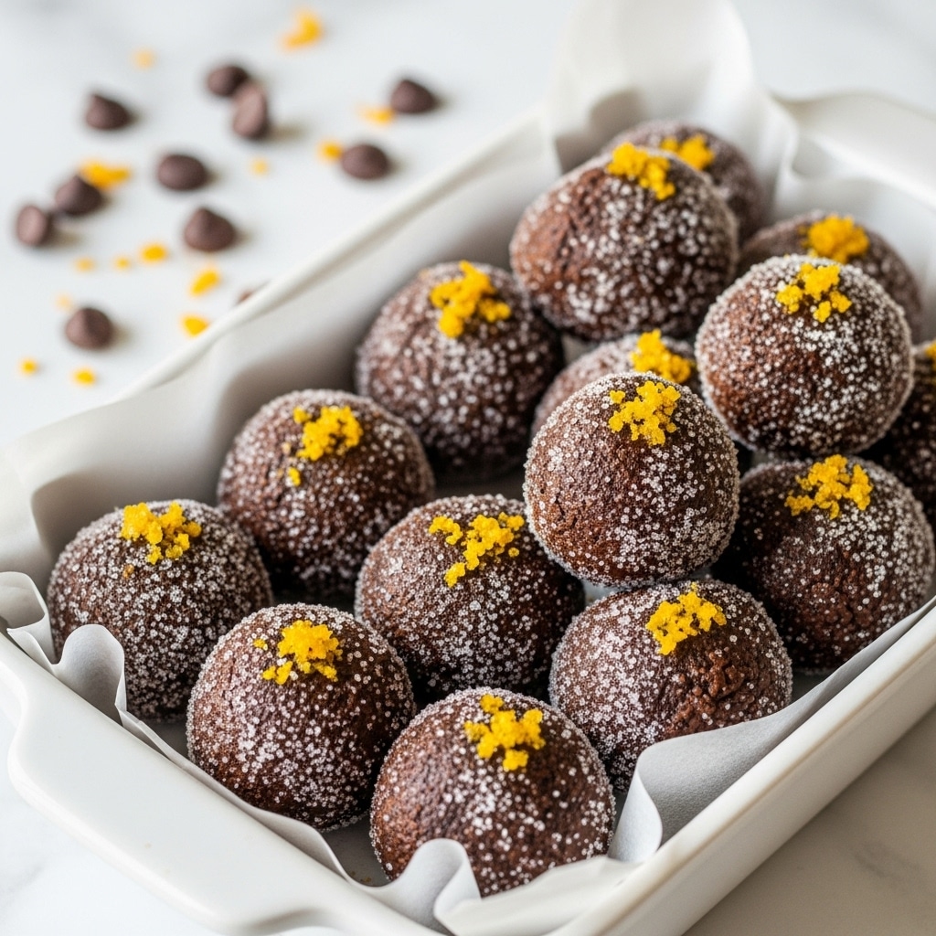 The image shows a white rectangular dish filled with round chocolate truffles, each covered in a thin layer of granulated sugar giving a frosted look. The truffles are dark brown with a slightly rough texture and small yellow-orange zest pieces sprinkled on top of some of them. The dish has white parchment paper lining one side, and in the background on the white marbled surface, a few scattered chocolate chips and orange zest pieces can be seen. Photo taken with an iphone --ar 4:5 --v 7