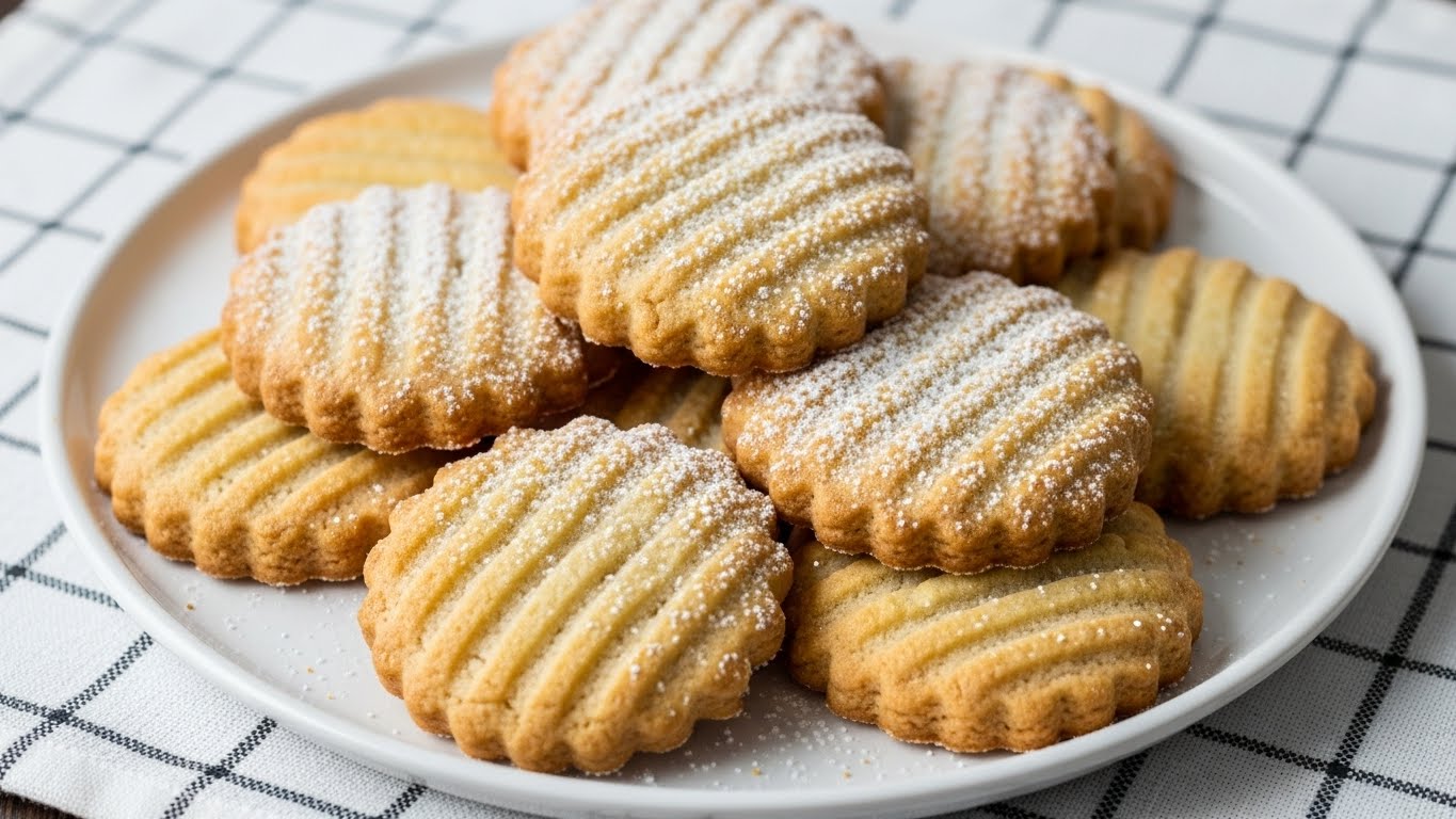 A round white plate holds a stack of ten golden brown cookies, each with scalloped edges and parallel ridges on the top surface. The cookies are sprinkled lightly with white powdered sugar, scattered unevenly across their tops. The plate is lined with a white cloth that has thin black grid lines. The background shows a dark wooden texture beneath the plate. photo taken with an iphone --ar 4:5 --v 7