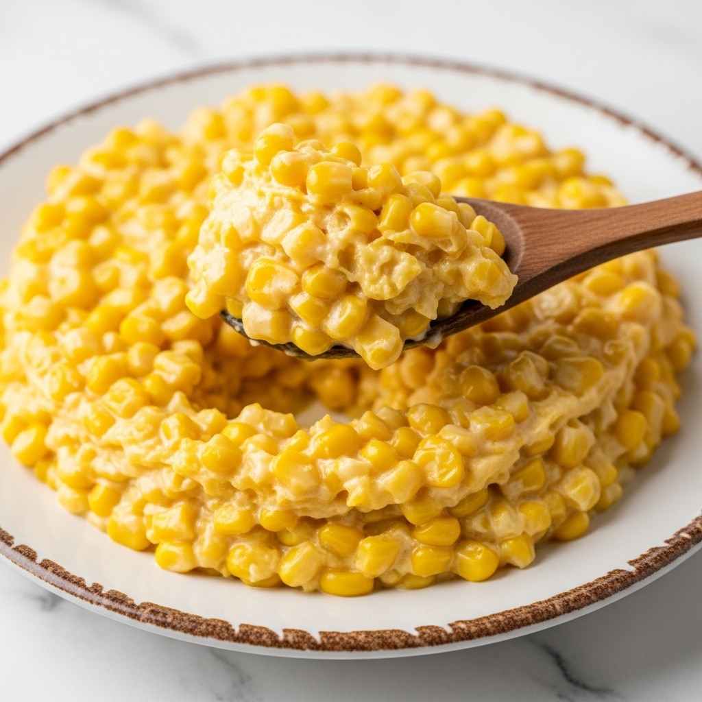 A close-up image shows a creamy corn dish served in a shallow white plate with a slightly rustic rim; the dish has a thick, chunky texture with a bright yellow to golden color, indicating layers of soft corn kernels mixed with a smooth, cheesy or creamy sauce. A wooden spoon holds a scoop of the corn mixture, emphasizing the moist, slightly glossy surface and small, tender corn pieces. The background surface is a white marbled texture, adding brightness and contrast to the warm tones of the corn. Photo taken with an iphone --ar 4:5 --v 7
