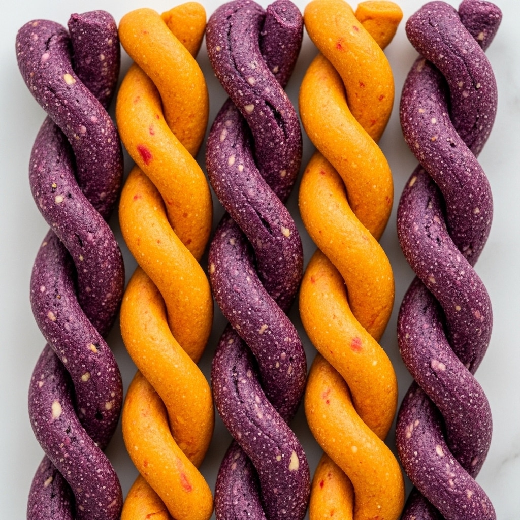 The image shows a close-up of several twisted dough sticks, each made of two thick strands twisted together. One strand is bright orange with a smooth texture and some faint pink spots. The other strand is deep purple with a slightly grainy texture and lighter specks, giving it a marbled look. The twisted dough sticks are tightly packed next to each other on a white marbled surface. photo taken with an iphone --ar 4:5 --v 7
