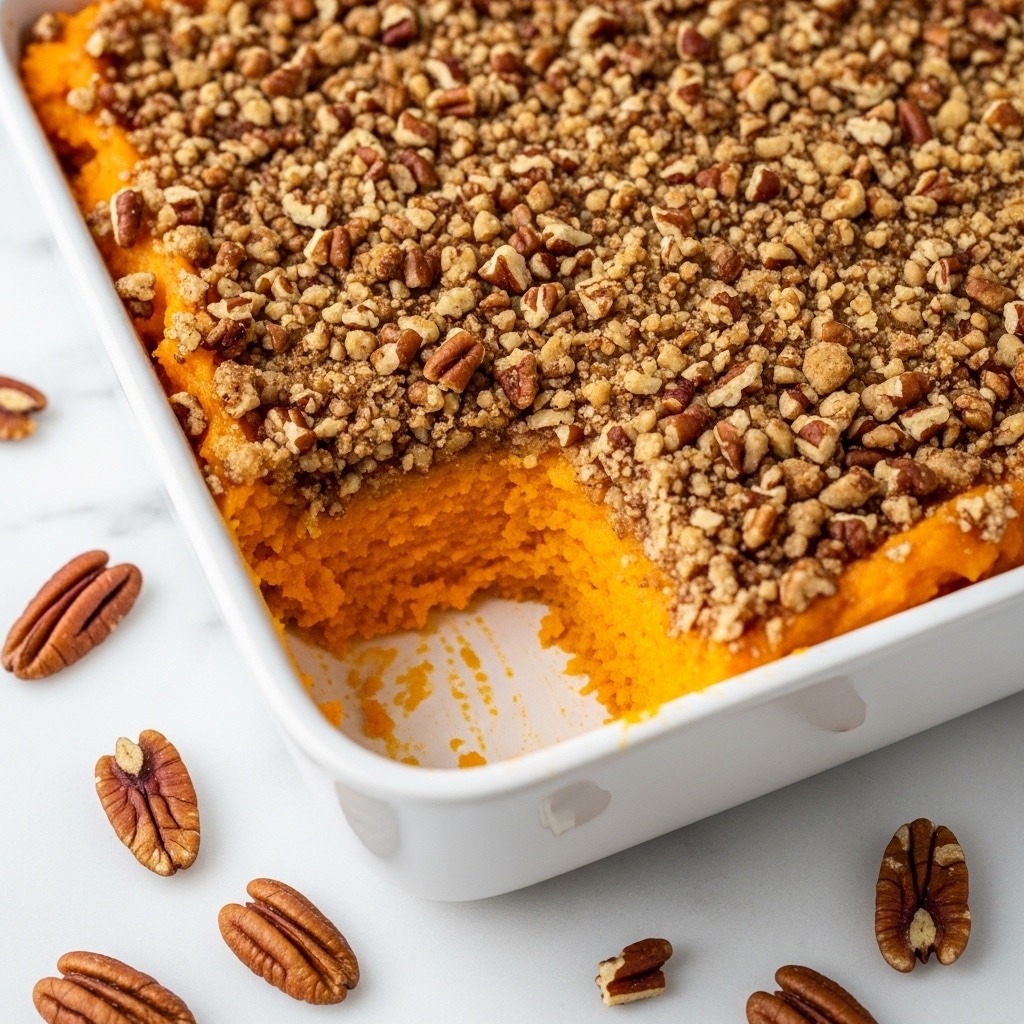 A white dish holds a two-layer sweet potato casserole, with the bottom layer showing bright orange mashed sweet potatoes that are smooth and creamy. The top layer is a crunchy golden brown pecan topping, scattered with small chopped nuts and crumbly bits giving a rough, textured look. A section of the casserole is scooped out from the corner, exposing the soft sweet potatoes underneath. Around the dish, some chopped pecan pieces are scattered on a white marbled surface. Photo taken with an iphone --ar 4:5 --v 7