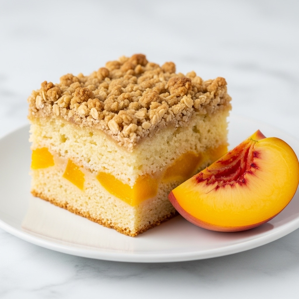 A square piece of peach crumb cake sits on a white plate, showing three distinct layers: a soft, light yellow cake base with visible peach chunks embedded inside, topped with a golden-brown crumbly oat streusel layer that looks crunchy and textured. Next to the cake is a fresh peach wedge with a smooth yellow and pink skin and juicy orange flesh. The white plate rests on a white marbled surface, giving a clean and bright look to the image. Photo taken with an iphone --ar 4:5 --v 7