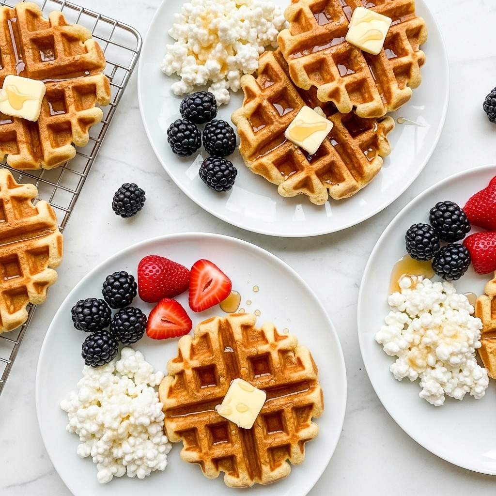 The image shows two white plates on a white marbled surface. Each plate has two golden-brown waffles with a slightly crisp texture, placed side by side. On top of the waffles, there are small dollops of melted butter added in three spots on the upper plate and one on the lower plate. Syrup is drizzled over the waffles, filling some waffle pockets. Next to the waffles on each plate, there is a serving of white cottage cheese with a soft, lumpy texture. Fresh blackberries and red strawberry slices add bright color and freshness, grouped near the cottage cheese on both plates. Additional waffles are partially visible on a cooling rack and directly on the surface around the plates. Photo taken with an iphone --ar 4:5 --v 7