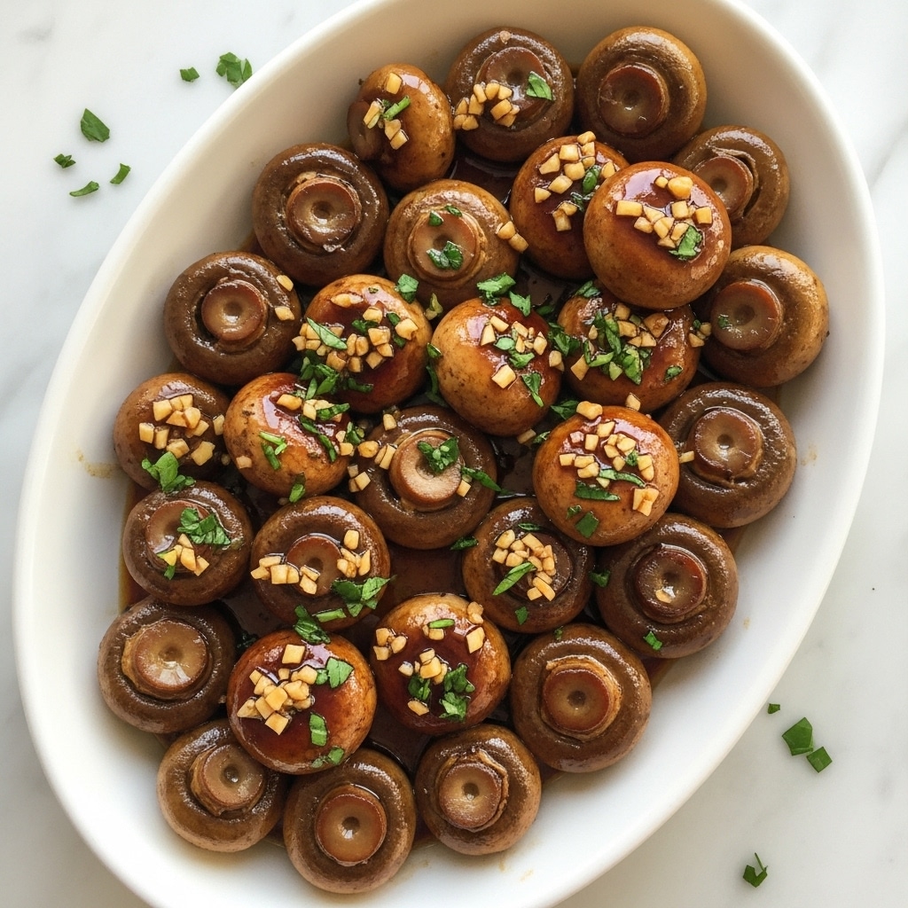 The image shows a white oval dish full of cooked mushrooms, each coated in a shiny, dark brown glaze. The mushrooms are whole and small to medium in size, with caps and stems visible, giving a textured look. On top of the mushrooms, there are small pieces of minced garlic and bright green chopped herbs spread evenly, adding color contrast. The dish is placed on a white marbled surface with a few small green herb sprigs scattered around. Photo taken with an iphone --ar 4:5 --v 7