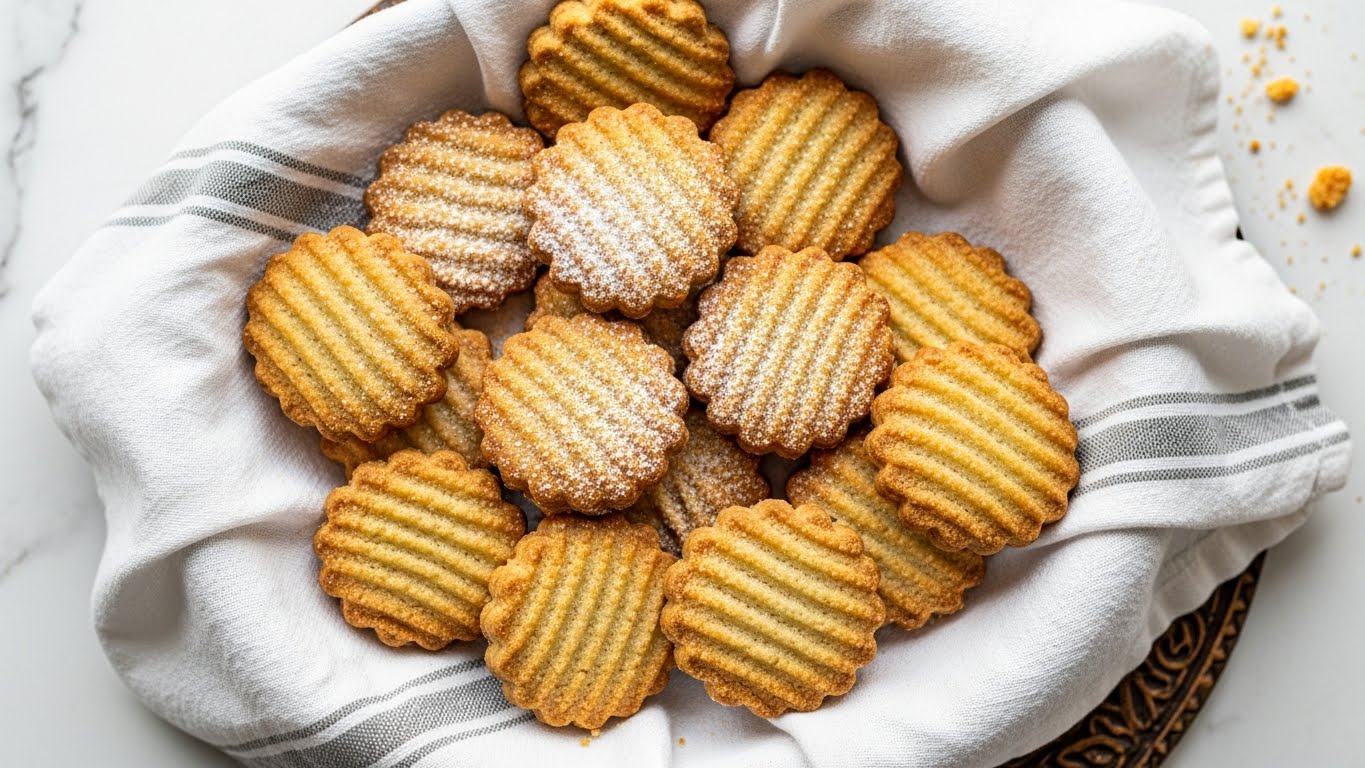 A white basket lined with a white cloth with light gray stripes holds ten round cookies arranged in a loose pile. Each cookie is a golden brown color with scalloped edges and a ridged, striped texture on top. Some light powdered sugar is sprinkled unevenly over the cookies and cloth, with a few small crumbs scattered nearby. The background is a white marbled texture with a dark wood pattern partly visible under the basket. photo taken with an iphone --ar 4:5 --v 7