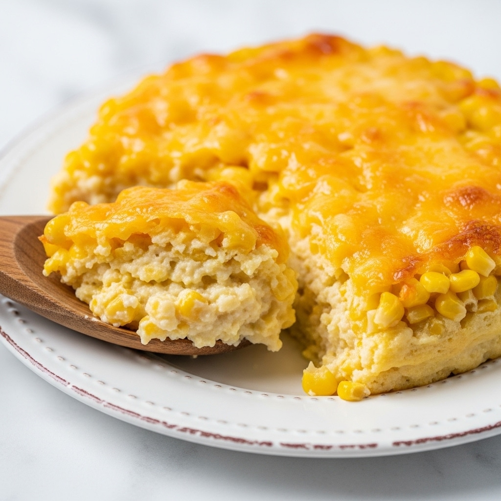 A close-up of a creamy corn casserole scooped with a wooden spoon over a white plate with a subtle distressed rim. The dish has two layers: the base layer is a soft, creamy mixture of corn and batter, pale yellow with a smooth texture; on top is a thicker layer of whole corn kernels covered in melted golden cheese, slightly crispy with a glossy finish. The white marbled background adds a clean and bright feel to the image. photo taken with an iphone --ar 4:5 --v 7