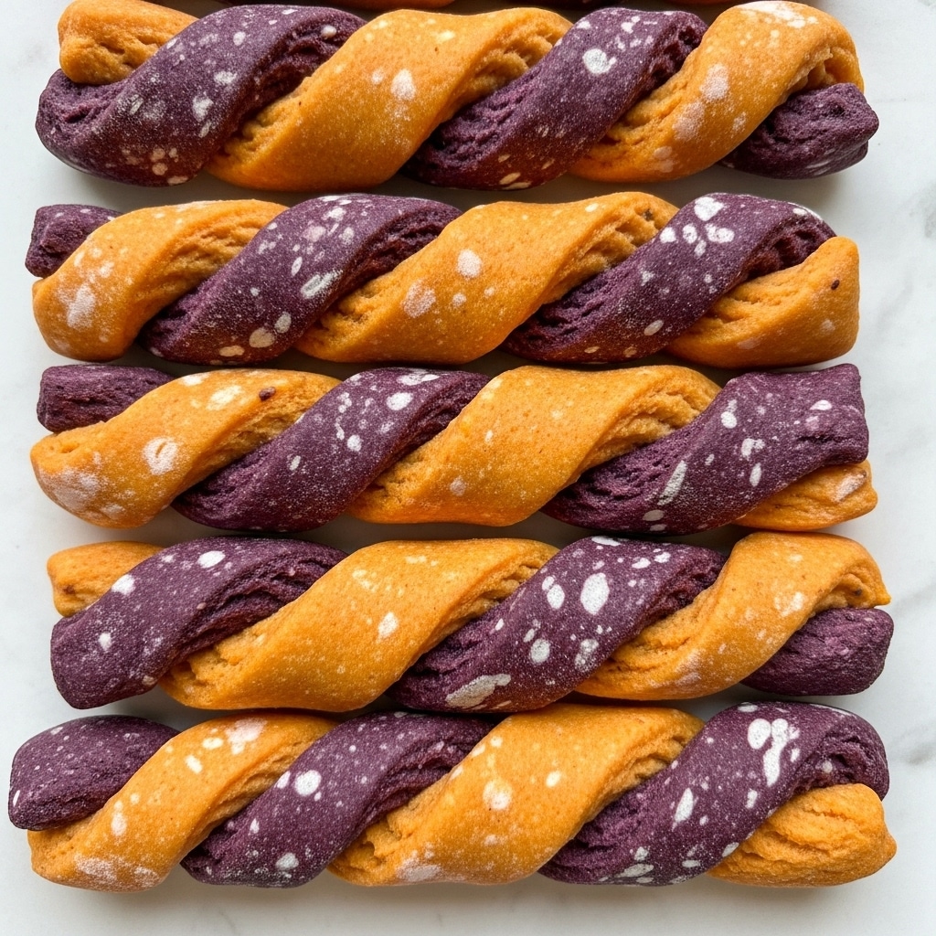 This image shows a close-up of several twisted dough sticks arranged side by side on a white marbled surface. Each dough stick is made of two spiral layers, one bright orange and the other deep purple with speckles of white, creating a vibrant contrast. The orange layer has a smooth, slightly glossy texture, while the purple layer appears mottled and matte with white spots scattered throughout. The twists are tight and even, making a rope-like shape with visible dustings of flour on the surface. photo taken with an iphone --ar 4:5 --v 7