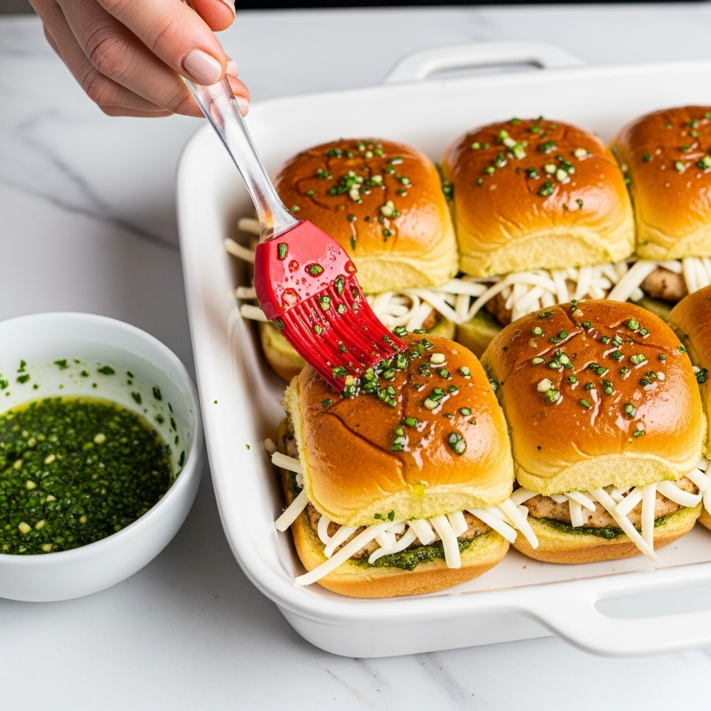 This image shows a close-up of six sandwich sliders in a white baking dish on a white marbled surface. Each slider has a golden-brown top bun with a glossy texture, brushed with a garlic herb sauce that glistens and has small green herb bits sprinkled on top. Under the buns, shredded white cheese and green pesto are visible between the layers of soft bread. A red silicone brush is spreading the garlic herb sauce on one bun, held by a woman's hand that is partially visible. Next to the baking dish on the left is a small white bowl containing more garlic herb sauce with chopped green herbs mixed in. photo taken with an iphone --ar 4:5 --v 7