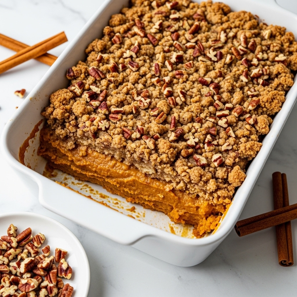 A white rectangular baking dish filled with a two-layer dessert, the bottom layer is a soft, warm brown pumpkin filling visible at the sides, while the top layer is a thick, crumbly mixture of golden-brown streusel mixed with chopped pecans, giving a chunky texture with small nut pieces scattered evenly. The dish sits on a white marbled surface with cinnamon sticks and a small white plate containing extra chopped pecans on the side. photo taken with an iphone --ar 4:5 --v 7