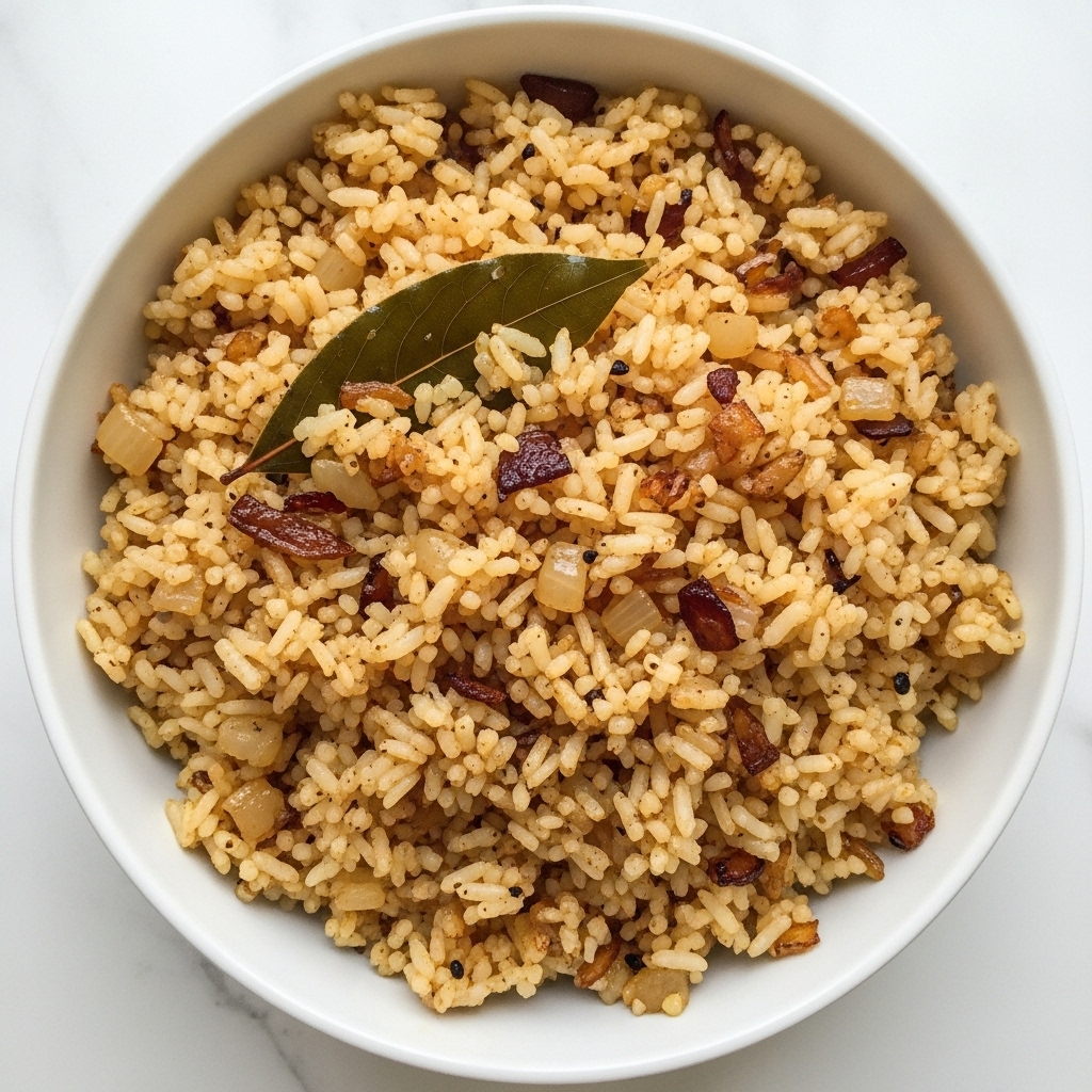 A white bowl filled with cooked rice that is mixed with small pieces of browned onions and spices, giving the rice a light brown and golden color with some darker caramelized bits. There is a visible bay leaf on top, adding an element of green to the otherwise warm-toned dish. The rice appears fluffy with varying textures from soft grains to crisped bits throughout. The background is a white marbled surface. photo taken with an iphone --ar 4:5 --v 7