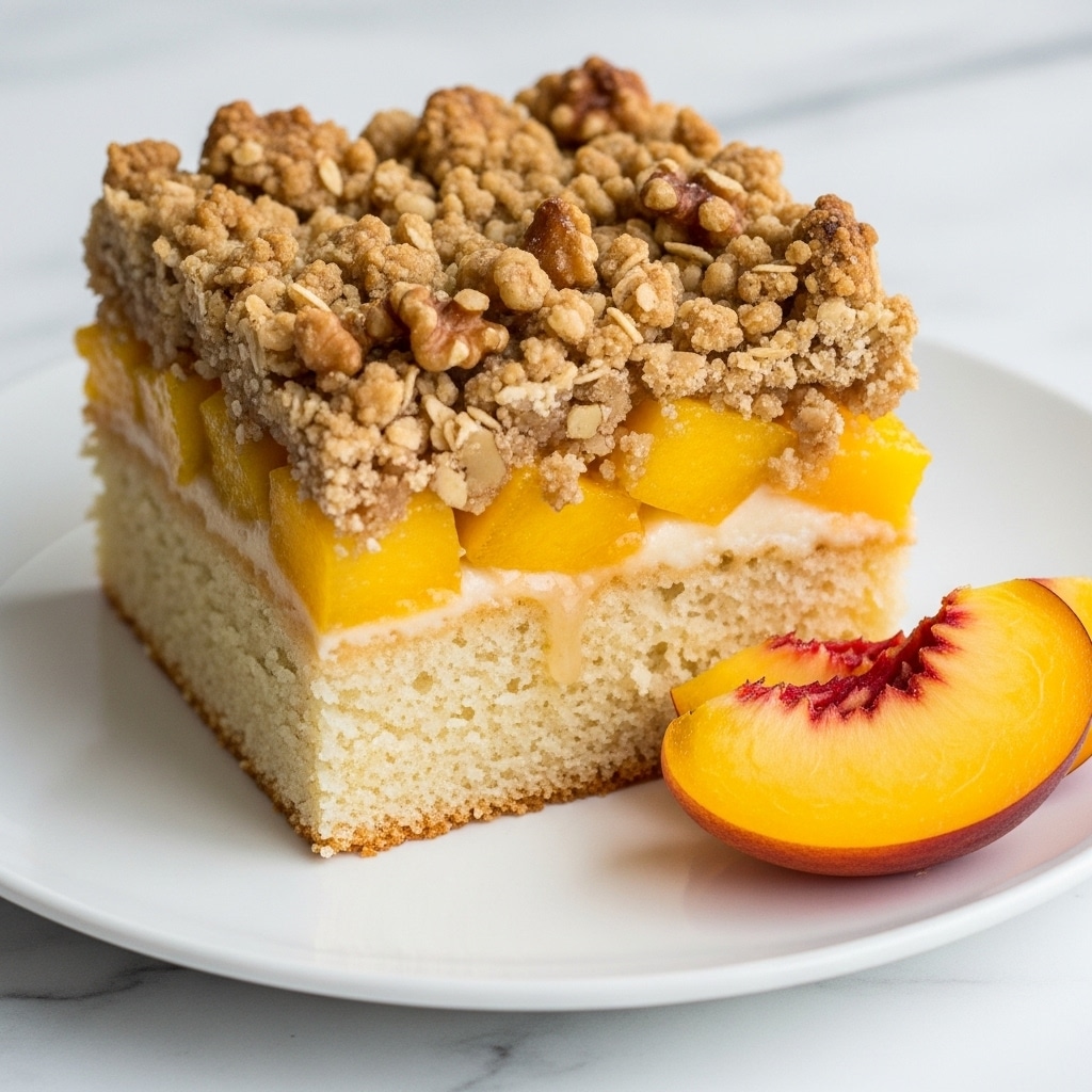 A square piece of peach crumble cake sits on a white plate, showing three main layers. The bottom layer is a soft, light beige cake base with a slightly spongy texture. Above it, a layer of chunky, bright yellow peach pieces is spread unevenly, some juices seeping into the cake below. The top layer is a crumbly, golden brown oat streusel with visible small walnut pieces, rough and textured. On the plate beside the cake, there is a thin slice of fresh peach with a reddish-orange skin and yellow flesh. The whole scene is set on a white marbled surface. photo taken with an iphone --ar 4:5 --v 7