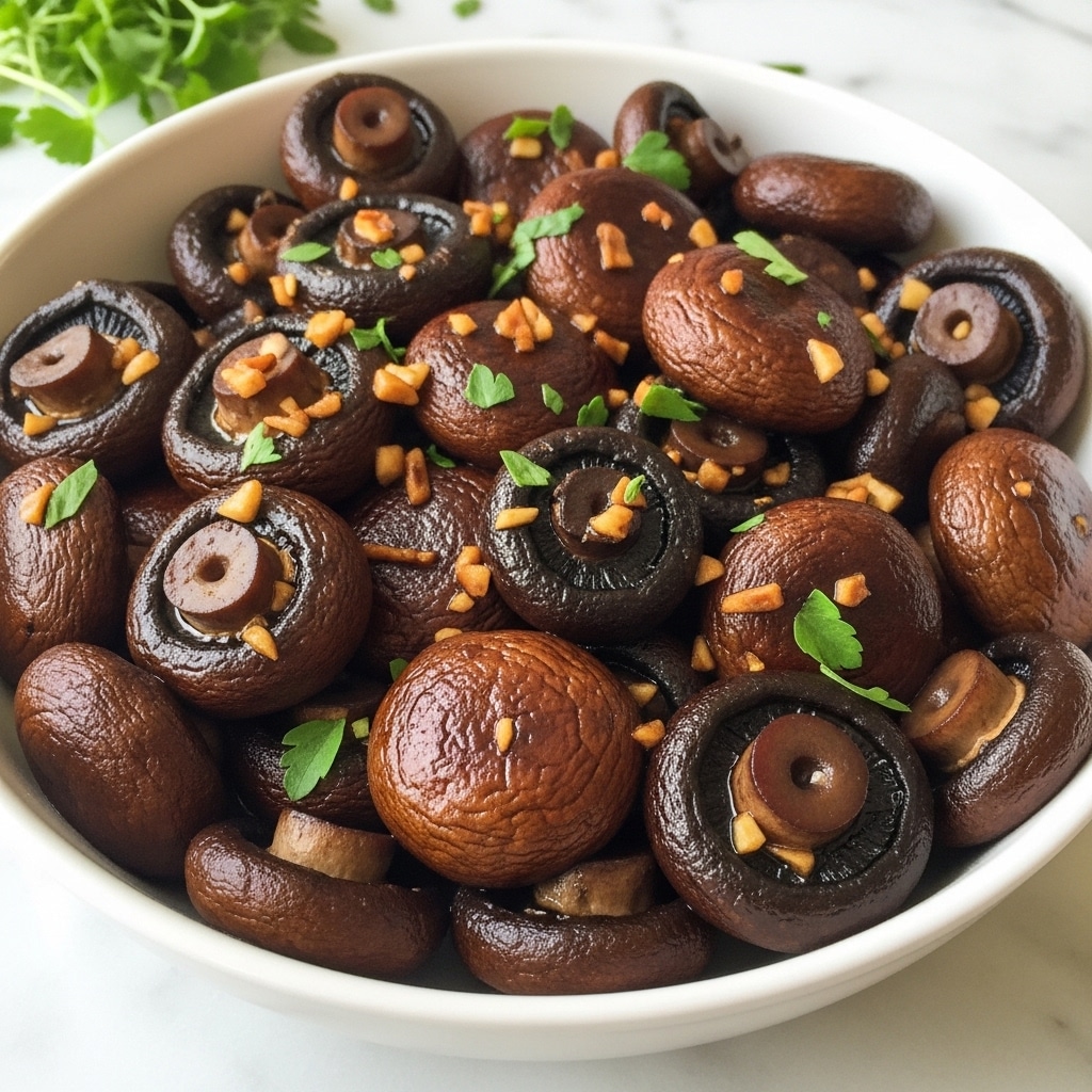 A white bowl filled with dark brown mushrooms cooked with a shiny glaze, sprinkled with small pieces of chopped garlic and fresh green herb sprigs scattered throughout. The mushrooms vary in size and are layered closely together. The glossy texture of the glaze reflects light, giving the mushrooms a rich, savory look. The bowl sits on a white marbled surface with blurred small green herbs in the background. photo taken with an iphone --ar 4:5 --v 7