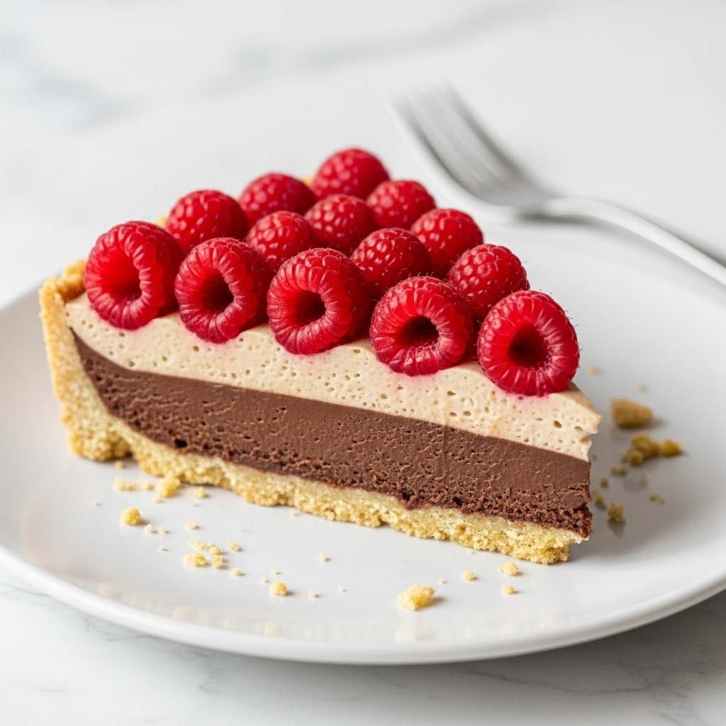 A slice of dessert with four clear layers sits on a white plate on a white marbled surface. The bottom layer is a thin, light beige crust with a crumbly texture. Above that is a thick, dark brown chocolate layer showing a dense consistency. On top of the chocolate sits a lighter, beige cream layer that looks soft and slightly grainy. The top layer is made of shiny, deep red raspberries arranged closely, looking juicy and fresh. There are small crumbs scattered around the slice. In the background, an out-of-focus silver fork rests near the plate. Photo taken with an iphone --ar 4:5 --v 7