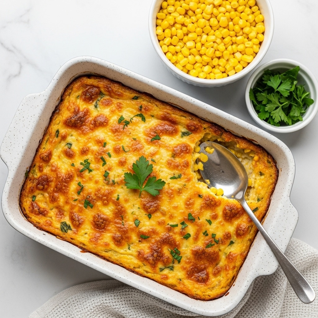 A white speckled rectangular baking dish holds a golden-brown baked casserole with a slightly crispy top layer, dotted with melted cheese and browned spots, garnished with small green herb pieces and a single parsley leaf in the center. A large silver spoon rests on the right side inside the dish. In the upper right corner, a white bowl filled with bright yellow corn kernels sits next to a small white bowl with green parsley leaves. All items are placed on a white marbled surface with a textured white cloth partially visible under the baking dish. Photo taken with an iphone --ar 4:5 --v 7
