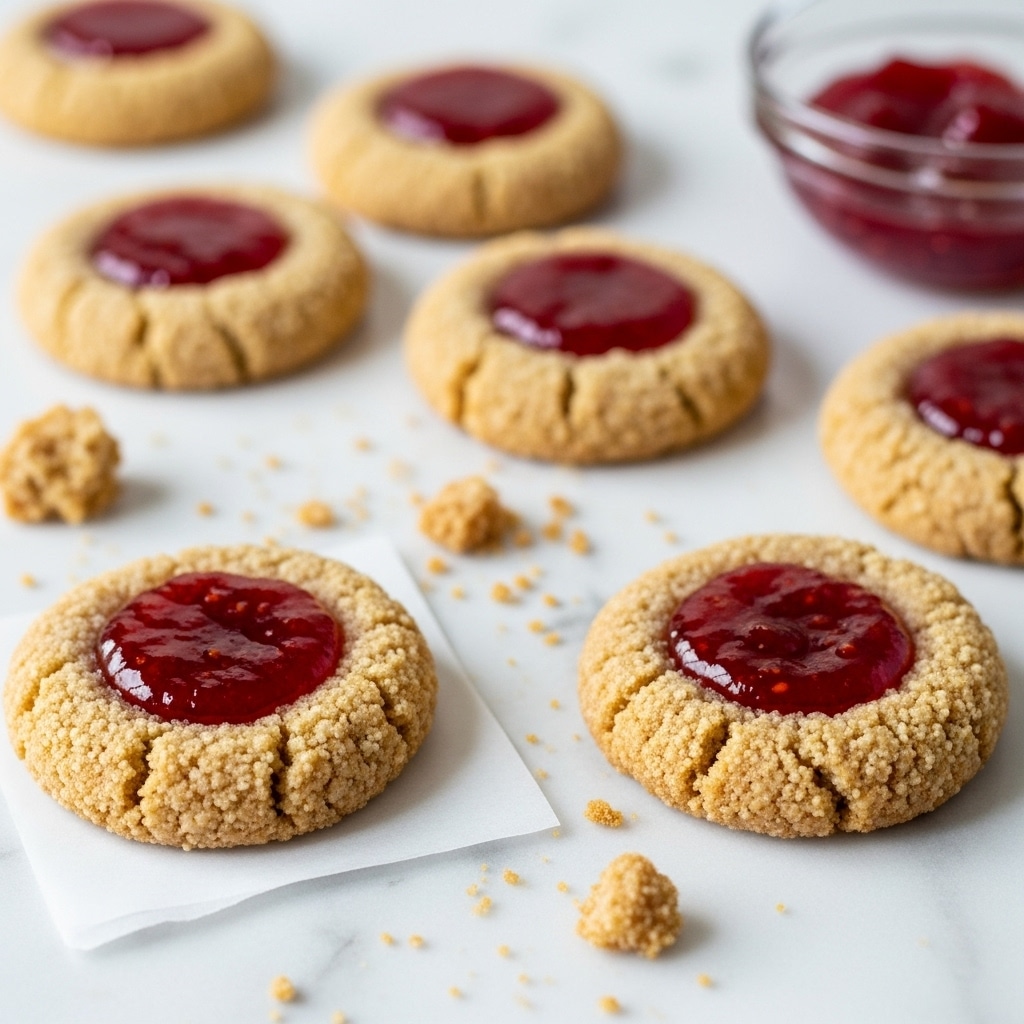 The image shows several round cookies on a white marbled surface, each cookie having a crumbly, golden-brown outer layer with a rough texture. In the center of each cookie, there is a bright, glossy red jam filling that looks smooth and slightly sticky. One cookie is placed on a small square piece of white parchment paper near the front, with cookie crumbs scattered around it, adding a rustic look. In the background, a small glass bowl filled with extra red jam is partially visible. The overall scene is softly lit and cozy, highlighting the textures and colors of the cookies and jam. photo taken with an iphone --ar 4:5 --v 7