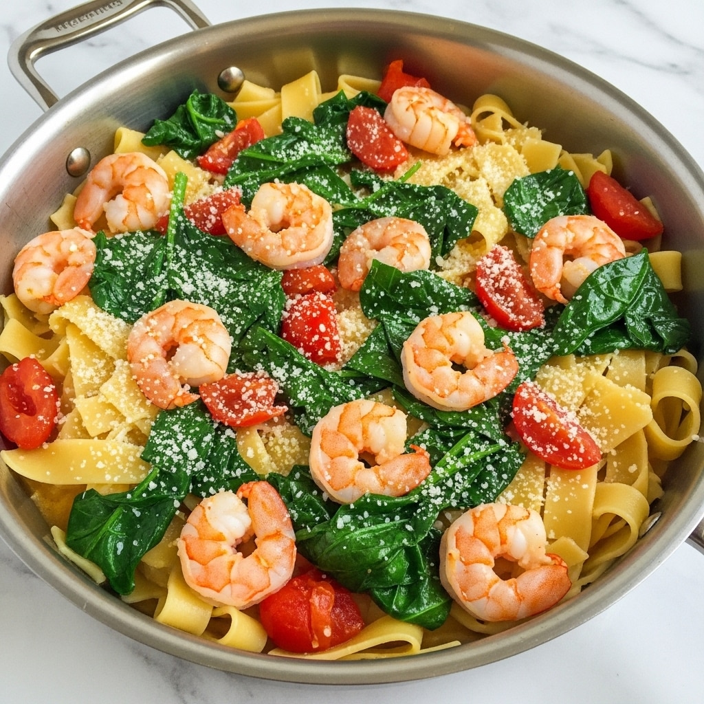 The image shows a close-up of a shiny silver pan filled with a shrimp pasta dish. The pasta is pale yellow and flat, mixed with medium-sized shrimp that are light pink with hints of orange. Bright green leafy herbs or spinach pieces are scattered throughout the dish, alongside chunks of red tomatoes adding color contrast. The pasta and shrimp are sprinkled with white grated cheese, giving a textured look on top. The pan is placed on a white marbled surface. photo taken with an iphone --ar 4:5 --v 7