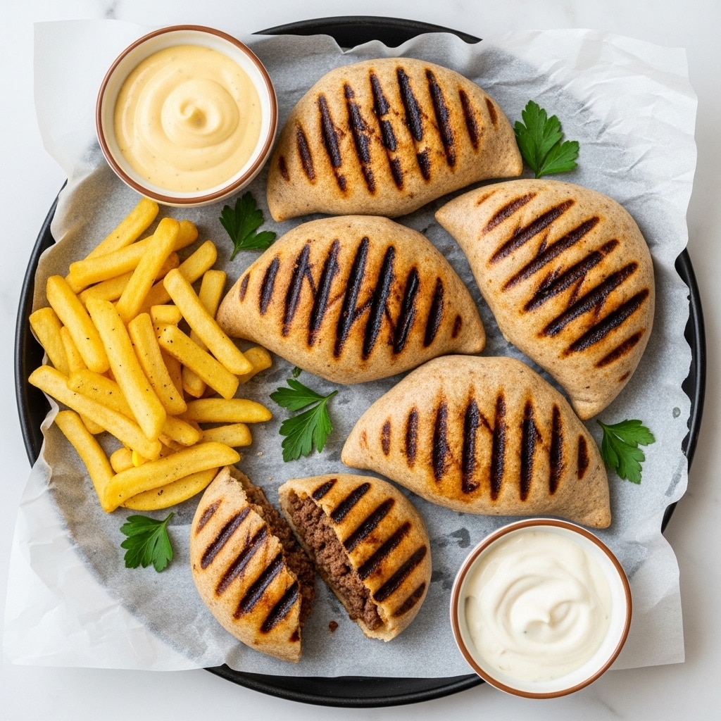 The image shows five grilled meat pies with brown, slightly crispy dough marked by black grill lines, arranged in a slightly overlapping pattern on white parchment paper over a black tray. One pie is cut open, revealing a dark brown minced meat filling inside. Small green parsley leaves are scattered on and around the pies. On the left side of the tray, there is a small pile of golden yellow fries. On the top left is a small white bowl filled with creamy yellow sauce, and on the bottom right edge of the tray, a small white bowl with thick white sauce is visible. The whole setup is on a white marbled surface. photo taken with an iphone --ar 4:5 --v 7