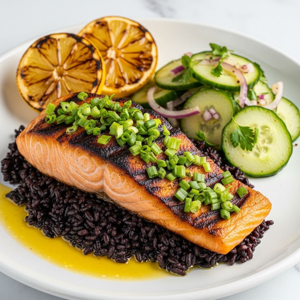 A piece of grilled salmon with a crispy brown and slightly charred top layer covered in chopped green onions sits on a bed of black rice, which has a shiny, slightly wet texture. Behind the salmon, there are two thin, grilled lemon slices with grill marks. Next to the rice, to the right, there is a cucumber salad made of thick, irregular cucumber slices mixed with small pieces of red onion and green herbs creating a fresh, moist look. The dish is arranged on a white plate set against a white marbled background, with some yellow sauce or melted butter around the rice’s base. photo taken with an iphone --ar 4:5 --v 7