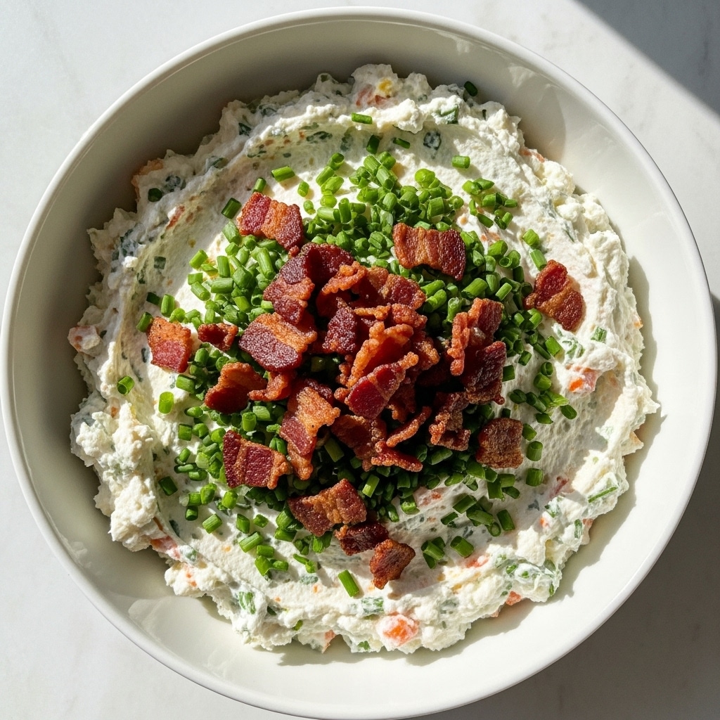 A white bowl filled with a creamy white cheese spread mixed with small pieces of green herbs and orange bits throughout, the spread has a thick and textured look. On top, there is a generous layer of crispy dark brown bacon pieces scattered evenly, along with chopped bright green chives sprinkled all over. The bowl rests on a white marbled surface with soft natural light casting shadows. photo taken with an iphone --ar 4:5 --v 7