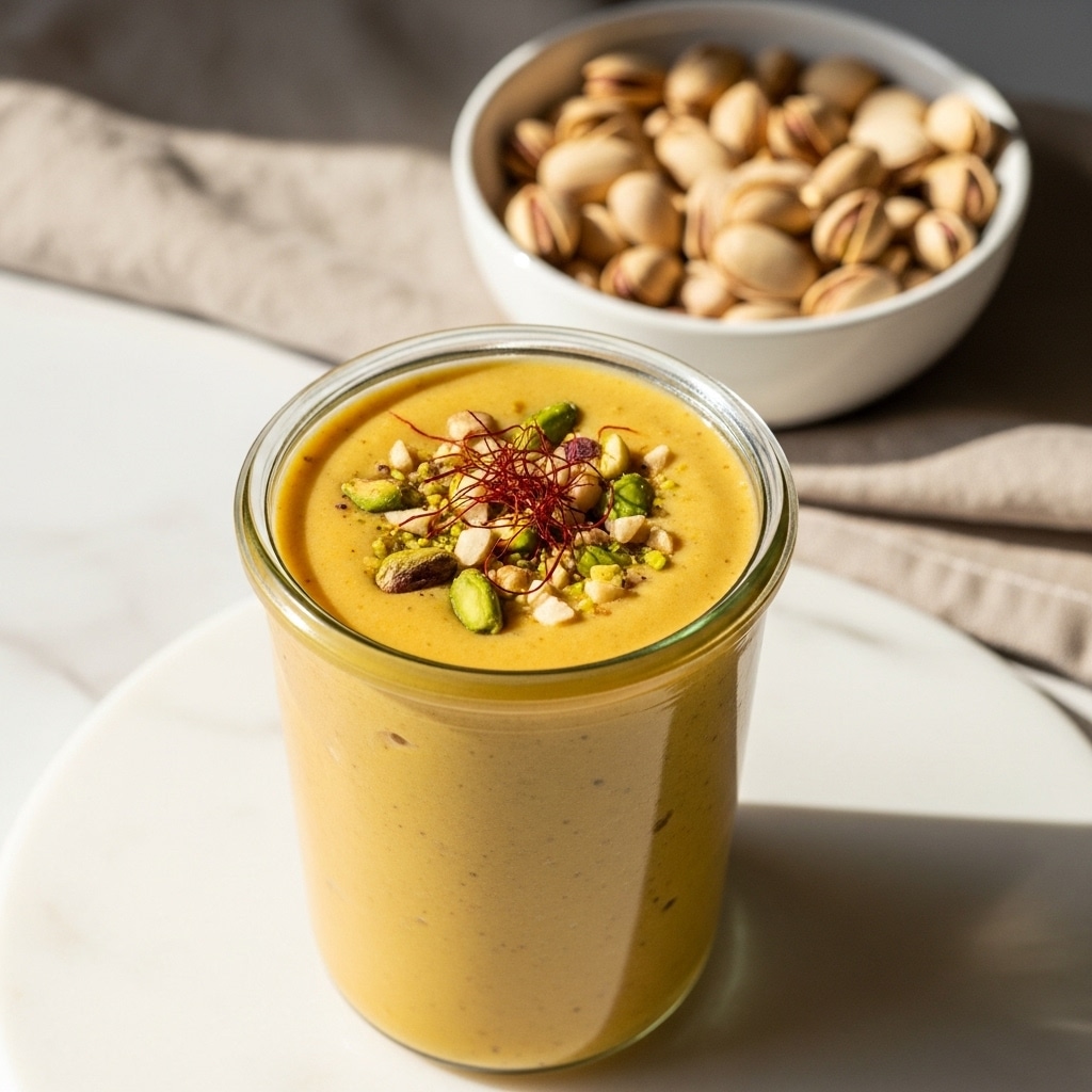 A clear glass jar filled with a thick, smooth yellow-orange smoothie sits on a white marbled surface, topped with green pistachios, small bits of light nuts, and thin strands of red saffron-like garnish. Behind the jar, there is a white bowl filled with more pistachios resting on a neutral beige cloth, all softly lit by natural light. The scene captures a warm and fresh feeling with light shadows. photo taken with an iphone --ar 4:5 --v 7