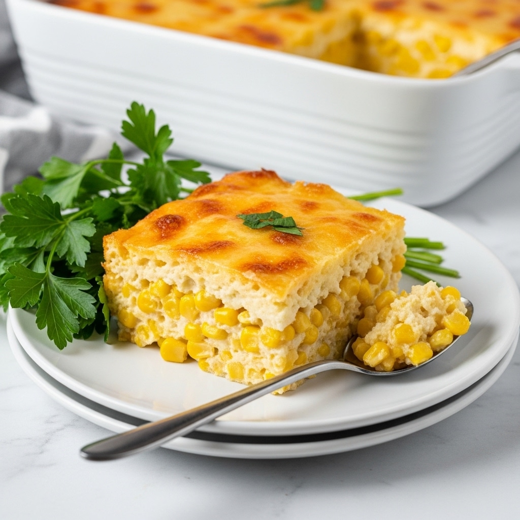 The image shows a serving of corn casserole on a white plate placed on top of another white plate. The casserole has two visible layers: a golden-yellow baked cheesy top layer with brown spots, and a thick bottom layer mixed with whole corn kernels, showing a soft and creamy texture. There is a small green herb garnish on the top. Beside the casserole piece on the plate is a fresh bunch of green parsley leaves. A silver spoon lies on the plate with a portion of the casserole on it. In the background, a white baking dish with part of the casserole still inside is slightly out of focus, and the setting rests on a white marbled surface. Photo taken with an iphone --ar 4:5 --v 7