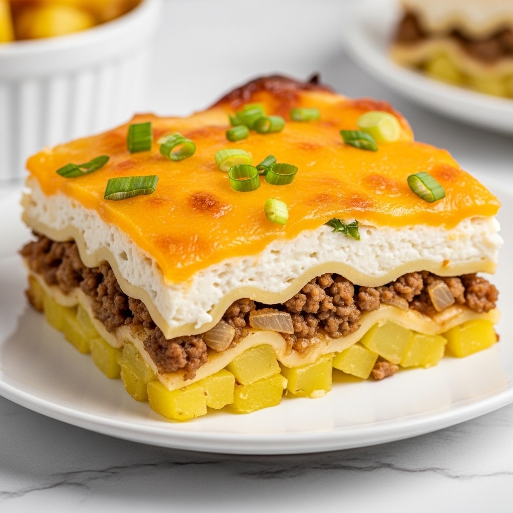 The image shows a thick square slice of lasagna on a white plate, set on a white marbled surface. The lasagna has at least four visible layers starting with a base of diced yellow potatoes, followed by a layer of browned ground meat mixed with some onions, then a creamy white cheese layer, topped with melted golden-yellow cheddar cheese. The top is slightly browned from baking with small green onion pieces sprinkled over it. In the background, blurred food items in a similar white plate can be seen. Photo taken with an iphone --ar 4:5 --v 7