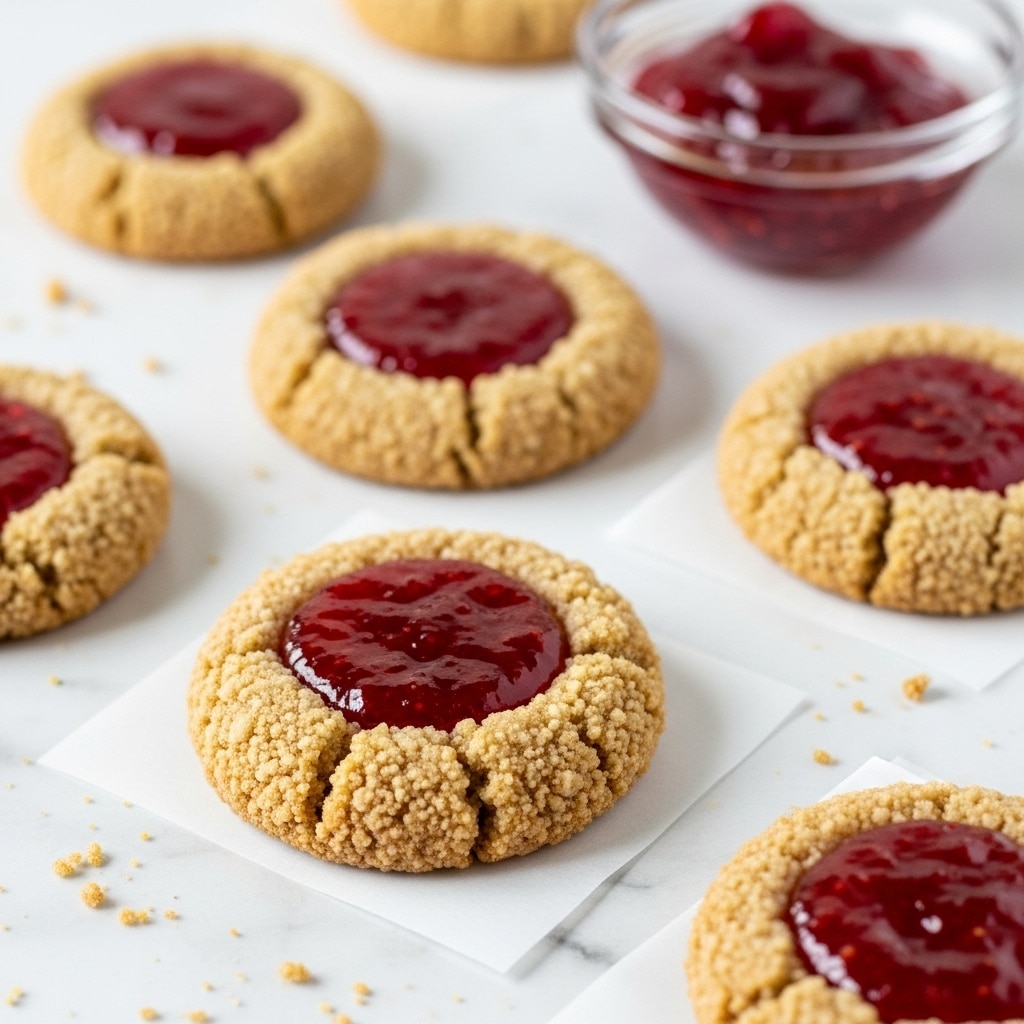 The image shows several round cookies, each with a crumbly golden brown outer layer that looks crunchy and textured. The center of each cookie has a shiny, red jam filling with a smooth and glossy surface. The cookies are arranged on a white marbled surface, with some crumbs scattered around them. One cookie in the foreground is placed on a square piece of white paper, showing its full, detailed texture and bright jam center clearly. In the back, there is a small clear glass bowl filled with the same red jam, slightly out of focus. The image is bright with soft natural light, highlighting the crisp edges and the vibrant color of the jam. photo taken with an iphone --ar 4:5 --v 7