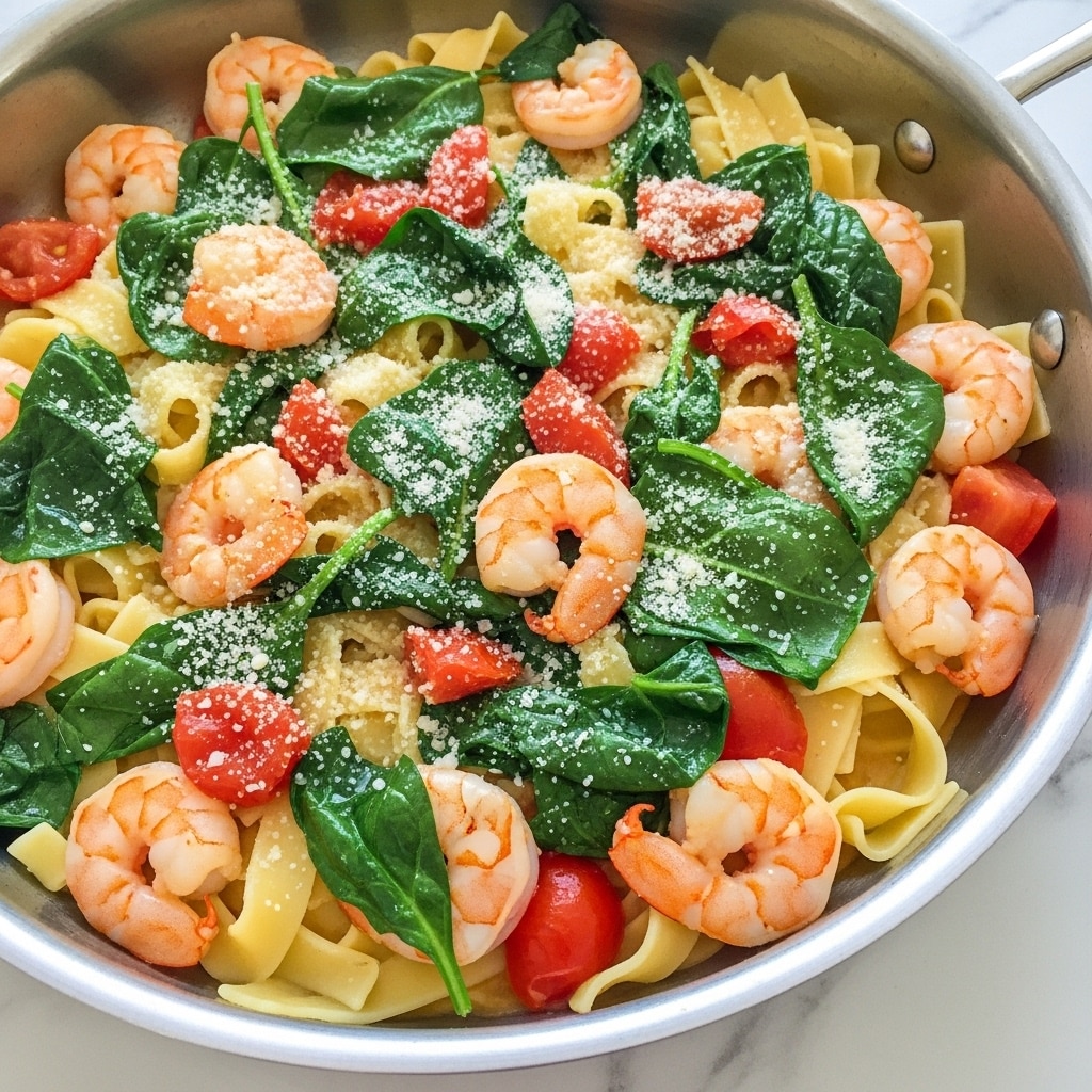 A close-up view of a shiny stainless steel pan filled with cooked fettuccine pasta mixed with green chopped herbs and pieces of red tomato. Scattered throughout the pasta are pink shrimp coated lightly with green herbs. The dish is topped with a light sprinkle of white grated cheese creating a soft texture contrast. The pan sits on a white marbled surface. photo taken with an iphone --ar 4:5 --v 7