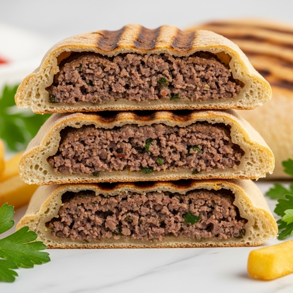 The image shows a close-up of three stacked grilled meat pies cut in half, revealing a dark brown, juicy minced meat filling mixed with herbs and spices inside a golden-brown, slightly charred crust that has a rough, crispy texture. The pies are arranged on a white surface with a white marbled texture, with a few pieces of golden fries and green parsley leaves partially visible around them, adding color contrast. The lighting highlights the glistening meat and the warm tones of the crust, creating a cozy, appetizing look. photo taken with an iphone --ar 4:5 --v 7