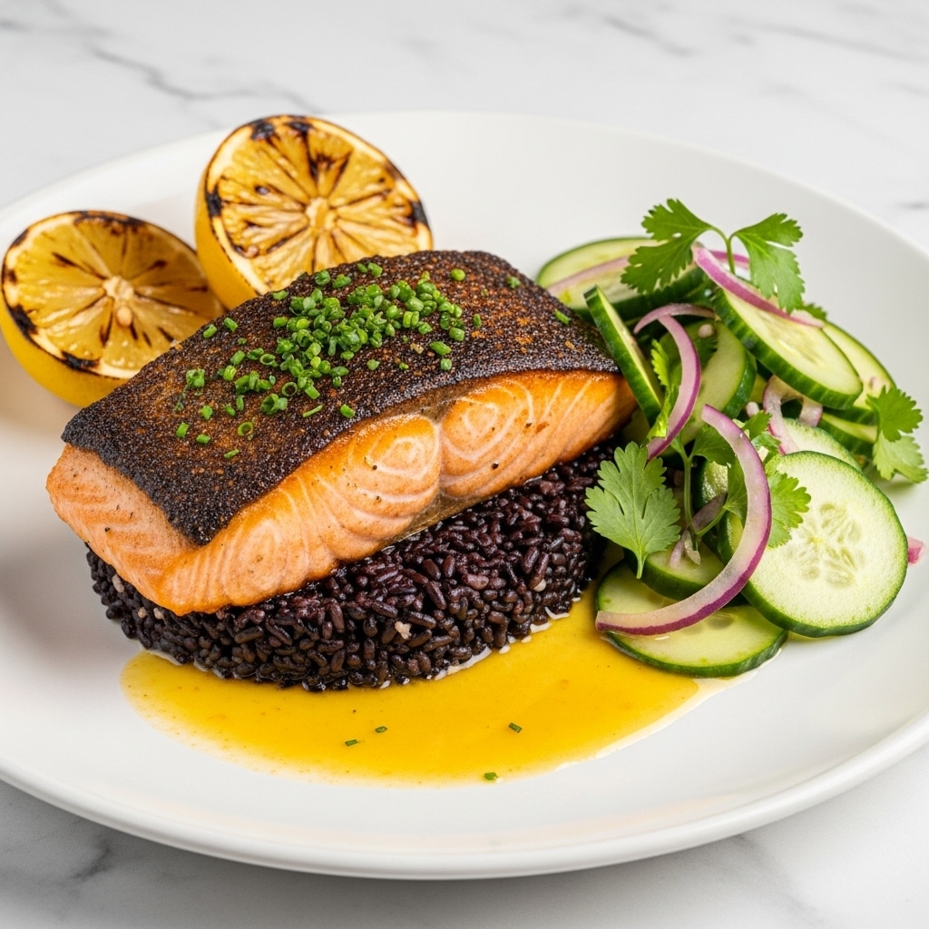 A piece of salmon with a crispy, dark golden-brown top layer sprinkled with green chopped herbs sits on a bed of black rice, which forms the second dark layer under the fish. Two grilled lemon slices, showing light brown grill marks, rest at the back of the salmon. To the side of the rice, there is a bright green cucumber salad mixed with chopped red onions and herbs, adding a fresh contrast in color. A glossy, yellow sauce surrounds the base of the black rice on a white plate placed on a white marbled surface. photo taken with an iphone --ar 4:5 --v 7