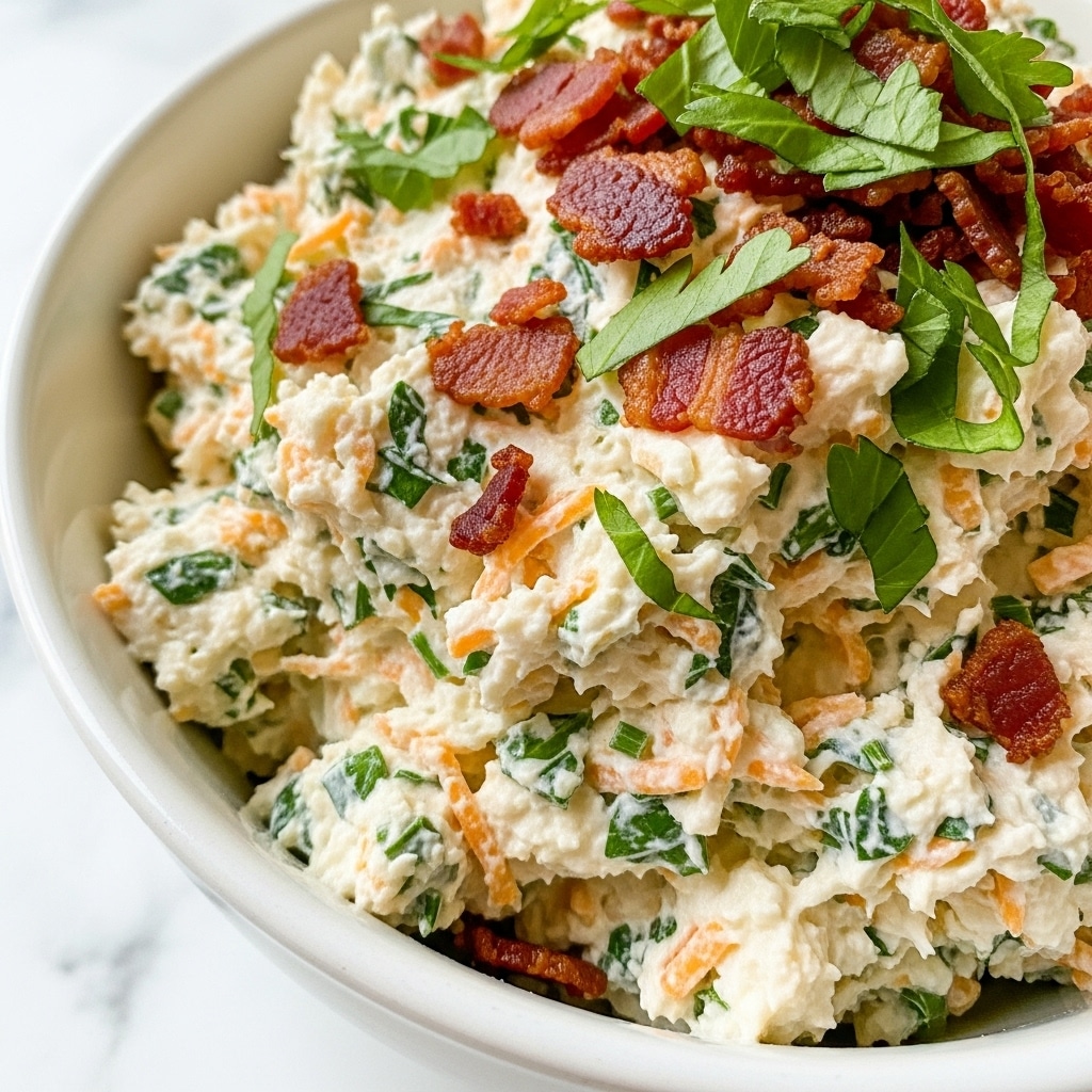 A close-up view of a creamy cheese spread mixed with chopped green herbs and small bits of orange shredded cheese, filling a white bowl. The top is sprinkled with crispy brown bacon crumbs and fresh green herbs, giving texture and color contrast against the light cream base. The bowl sits on a white marbled surface, with soft lighting highlighting the mixture's thick, rich, and slightly chunky texture. photo taken with an iphone --ar 4:5 --v 7