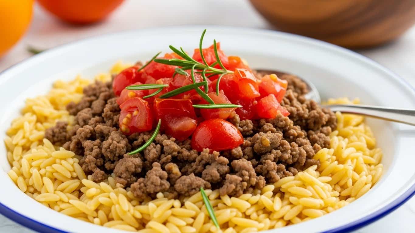 A close-up view of a bowl of orzo pasta with ground beef and tomato pieces, all mixed in a modest sauce. The orzo is golden yellow, small, and rice-shaped, covered evenly by small brown crumbles of beef. Bright red tomato pieces add color contrast, scattered through the dish, with a few green herbs for garnish on top. The food is served in a white bowl with a blue rim, placed on a wooden surface, and there is a silver spoon on the right side of the bowl. The background has a blurred white marbled texture and some kitchen items out of focus. Photo taken with an iphone --ar 4:5 --v 7