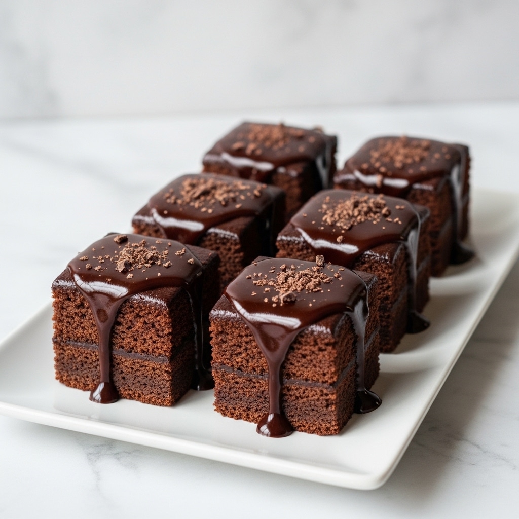 The image shows six thick, square pieces of dark chocolate cake arranged in two neat rows on a white rectangular plate. Each cake piece has one layer of dense, rich chocolate cake topped with a thick, glossy dark chocolate sauce that drips slightly down the sides. Small bits of crushed chocolate are sprinkled lightly over the sauce, adding texture and contrast. The plate rests on a white marbled textured surface with a blurred background, making the chocolate cake the main focus of the image. photo taken with an iphone --ar 4:5 --v 7