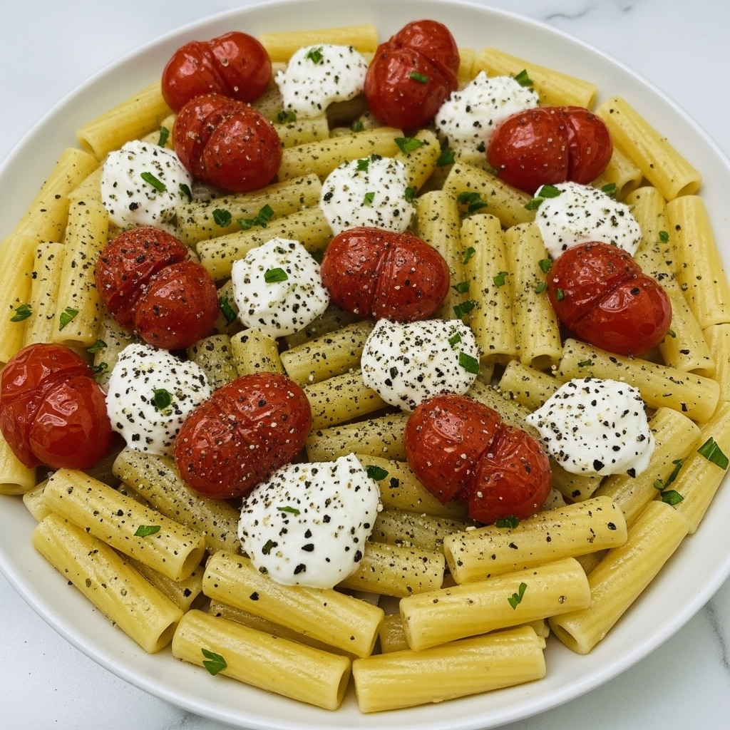 A white plate is filled with short tubular pasta cooked to a soft texture, layered evenly across the base. On top, there are bright red roasted cherry tomatoes, some whole and some halved showing their juicy interior. Small dollops of soft white cheese are scattered throughout, giving a creamy contrast. The dish is sprinkled heavily with coarse black pepper and finely chopped green herbs, adding small green flecks all over. The pasta has a shiny coating of olive oil, making it look glossy and delicious. The photo is taken on a white marbled surface. photo taken with an iphone --ar 4:5 --v 7