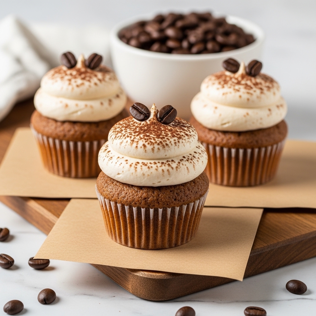 The image shows three coffee cupcakes on brown paper placed on a wooden board, all set on a white marbled surface. Each cupcake has two layers: the bottom is a light brown cake base with a soft texture, and the top is a thick swirl of light beige frosting sprinkled lightly with cocoa powder. On top of the frosting of each cupcake, there are two dark brown coffee beans. Behind the cupcakes, there is a white bowl filled with dark roasted coffee beans, and several loose coffee beans are scattered around on the white marbled surface. Photo taken with an iphone --ar 4:5 --v 7