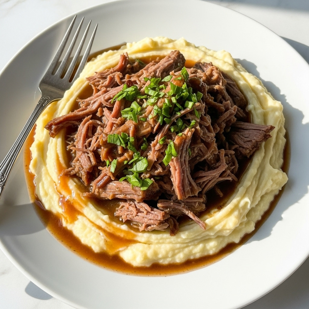 The dish shows a base layer of creamy, pale yellow mashed potatoes spread in a slightly uneven circle on a white plate. On top of the mashed potatoes is a generous pile of tender, shredded brown meat with a glossy texture, covered lightly with dark brown gravy that pools slightly around the sides. Bright green chopped herbs are sprinkled on the meat, adding a fresh color contrast. A silver fork with ornate detailing rests at the edge of the plate, all set on a white marbled surface with soft natural light. photo taken with an iphone --ar 4:5 --v 7