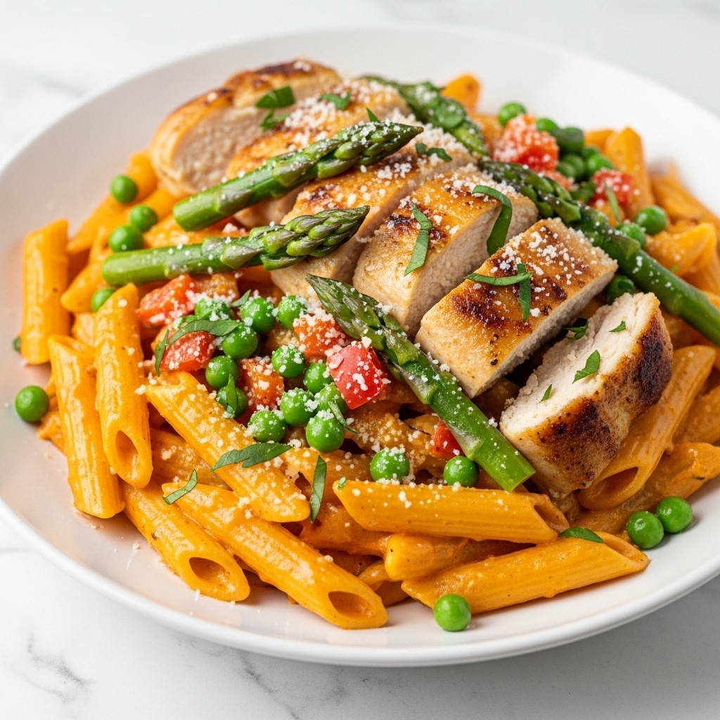 The image shows a close-up of a creamy pasta dish served on a white plate placed on a white marbled surface. The dish has three main layers: the base layer consists of yellow penne pasta coated in a rich, orange-tinted creamy sauce. The middle layer features pieces of cooked chicken, which are light golden brown with a slightly charred texture. The top layer includes green asparagus stalks and small green peas scattered throughout, with bits of red bell pepper and chopped fresh green herbs sprinkled on top. The dish is lightly dusted with grated white cheese, adding texture and contrast to the vibrant colors. Photo taken with an iphone --ar 4:5 --v 7