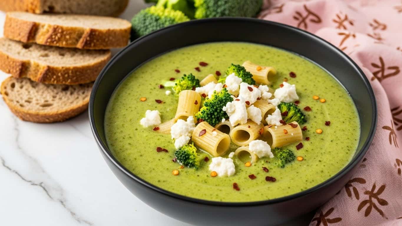 The image shows a thick green soup served in a black bowl on a white marbled surface. The soup has a creamy texture and visible small pieces of broccoli, pasta tubes, and crumbled white cheese scattered on top. The soup appears to be speckled with red chili flakes, adding pops of red color on the green surface. Behind the bowl, there are three pieces of sliced brown bread with a crusty texture and some broccoli florets. A pink cloth with a simple brown pattern is draped near the bowl. Photo taken with an iphone --ar 4:5 --v 7