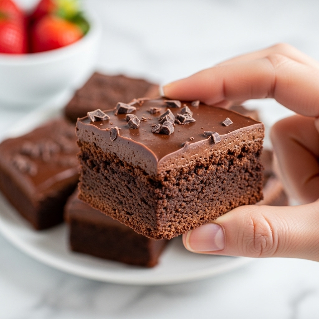 A thick, square piece of rich chocolate brownie is held between a woman's thumb and fingers. The brownie has two layers: the bottom layer is dense and dark brown with a slightly crumbly texture, while the top layer is a glossy chocolate ganache with a smooth, shiny surface and small bits of chocolate sprinkled on it. In the blurred background, there is a white plate with more brownie pieces and a white bowl containing strawberries, all set on a white marbled surface. Photo taken with an iphone --ar 4:5 --v 7